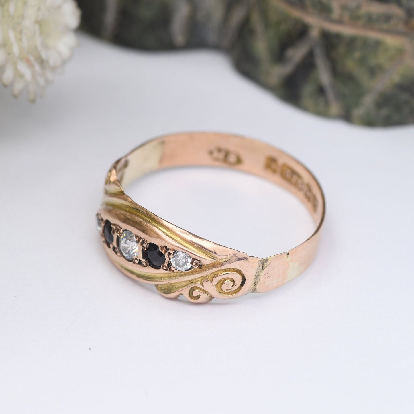 Antique 9ct Gold and Sapphire Ring 1914 - Five Stone Band with Scrolling Detail | Rose Gold | UK Size - P | US Size - 7 3/4