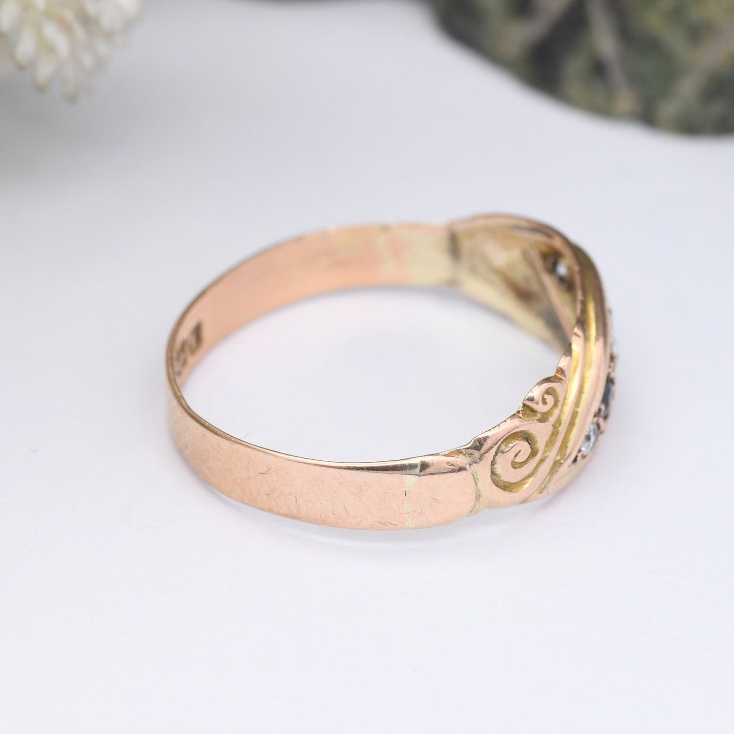 Antique 9ct Gold and Sapphire Ring 1914 - Five Stone Band with Scrolling Detail | Rose Gold | UK Size - P | US Size - 7 3/4