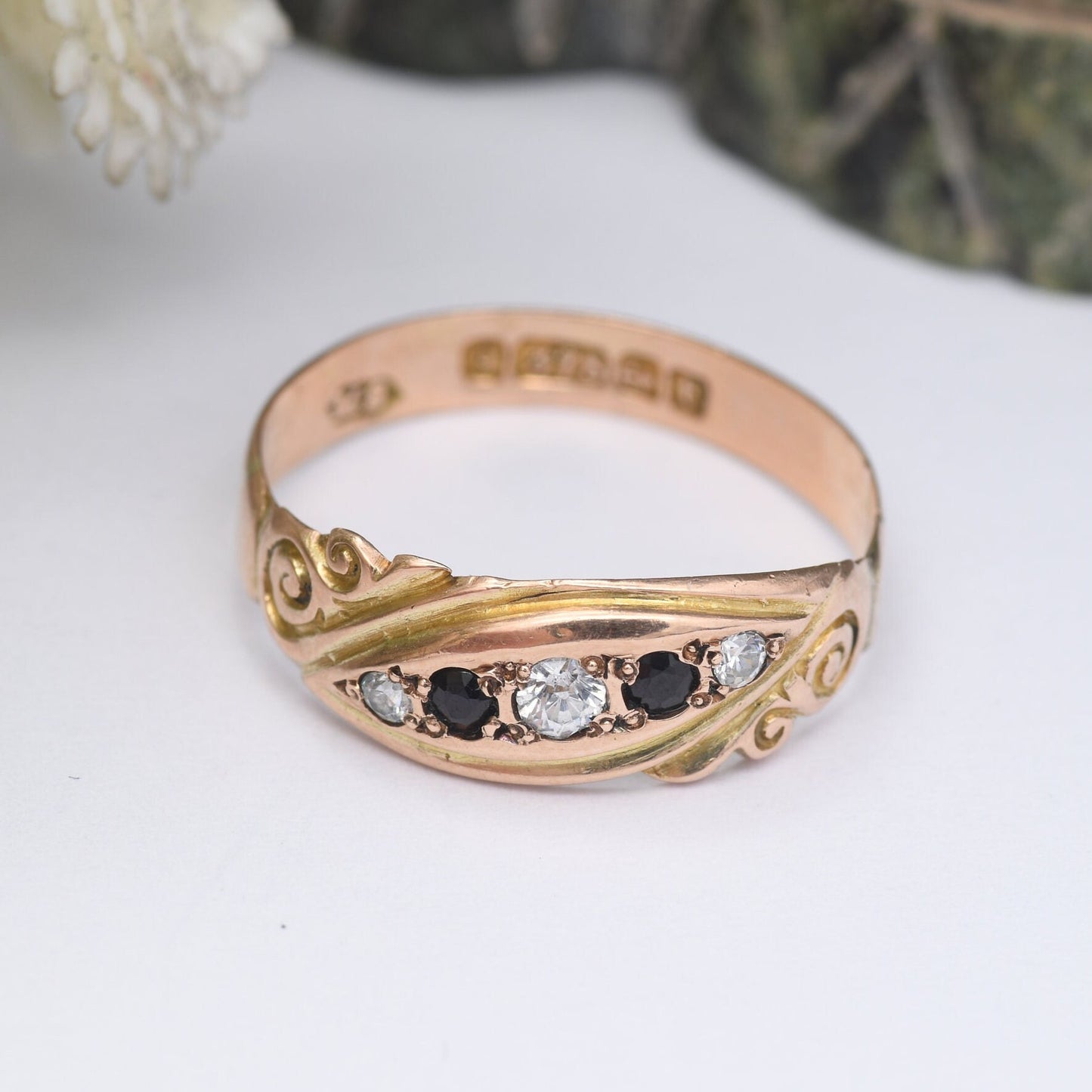 Antique 9ct Gold and Sapphire Ring 1914 - Five Stone Band with Scrolling Detail | Rose Gold | UK Size - P | US Size - 7 3/4