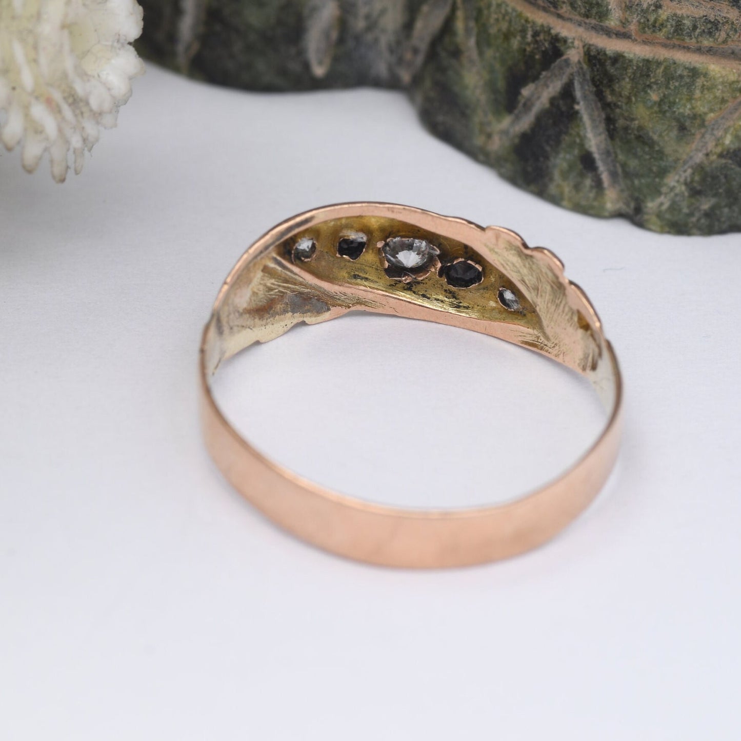 Antique 9ct Gold and Sapphire Ring 1914 - Five Stone Band with Scrolling Detail | Rose Gold | UK Size - P | US Size - 7 3/4