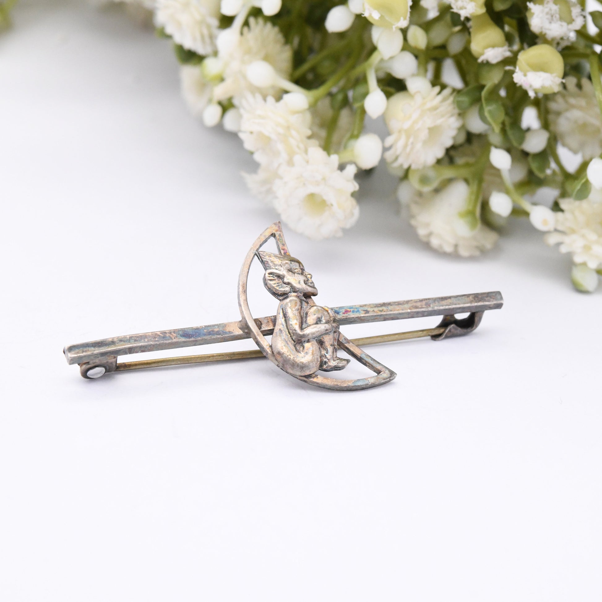 Antique Sterling Silver Man in the Moon Bar Brooch