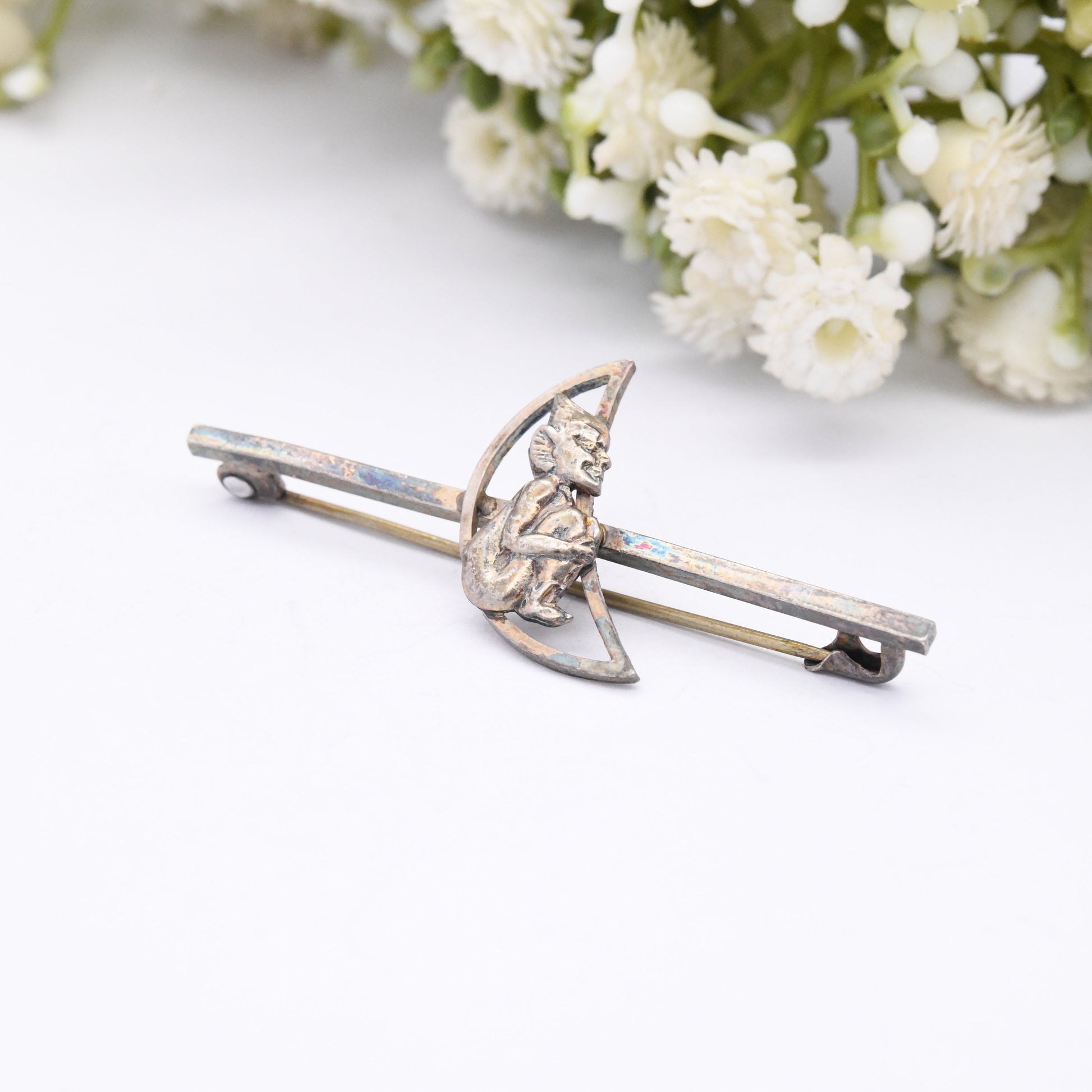 Antique Sterling Silver Man in the Moon Bar Brooch