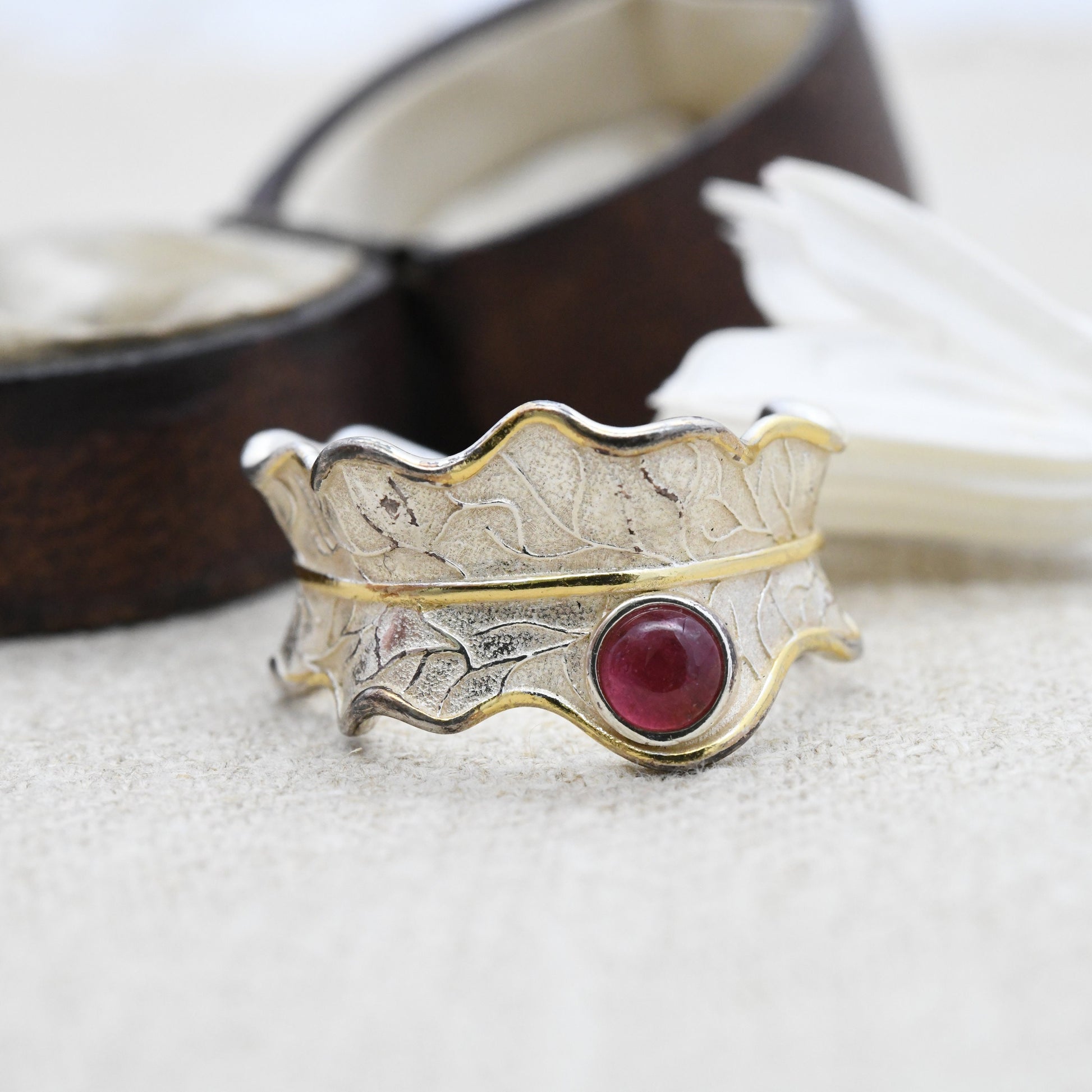 Sterling Silver Leaf Ring with Pink Gemstone - Gold Plated Textured Design | Modernist Statement | Adjustable | UK Size - P 1/2 US Size - 8