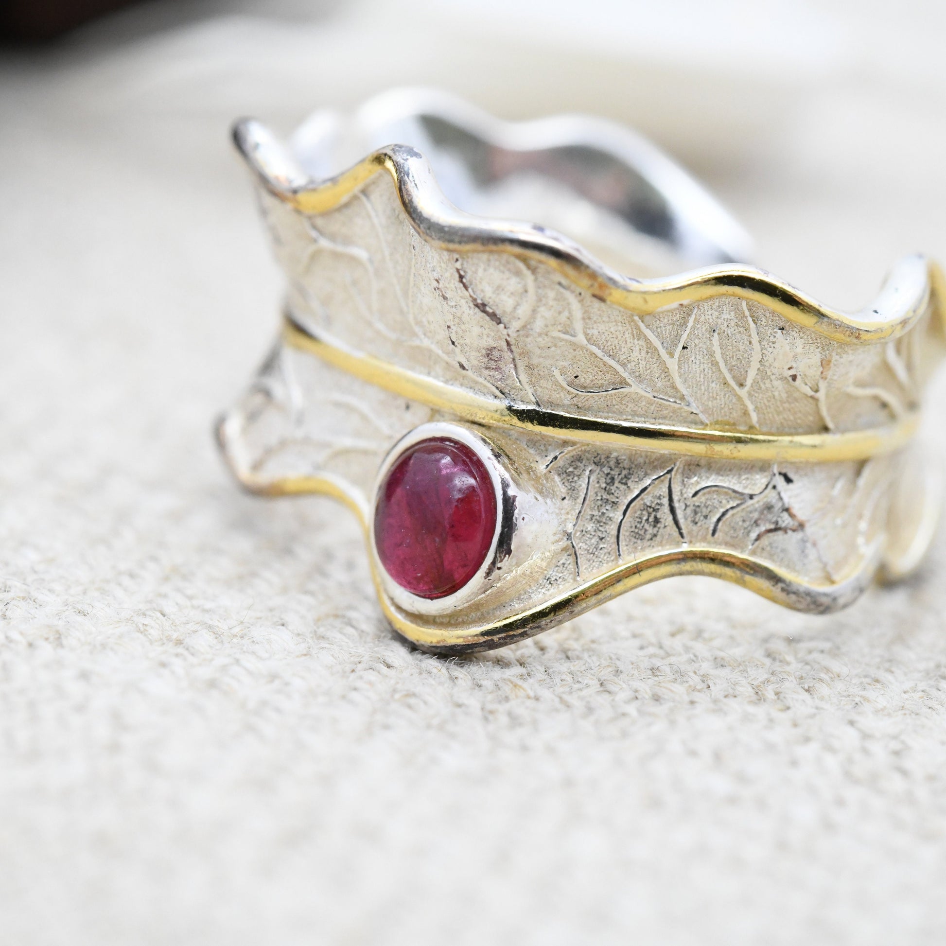 Sterling Silver Leaf Ring with Pink Gemstone - Gold Plated Textured Design | Modernist Statement | Adjustable | UK Size - P 1/2 US Size - 8