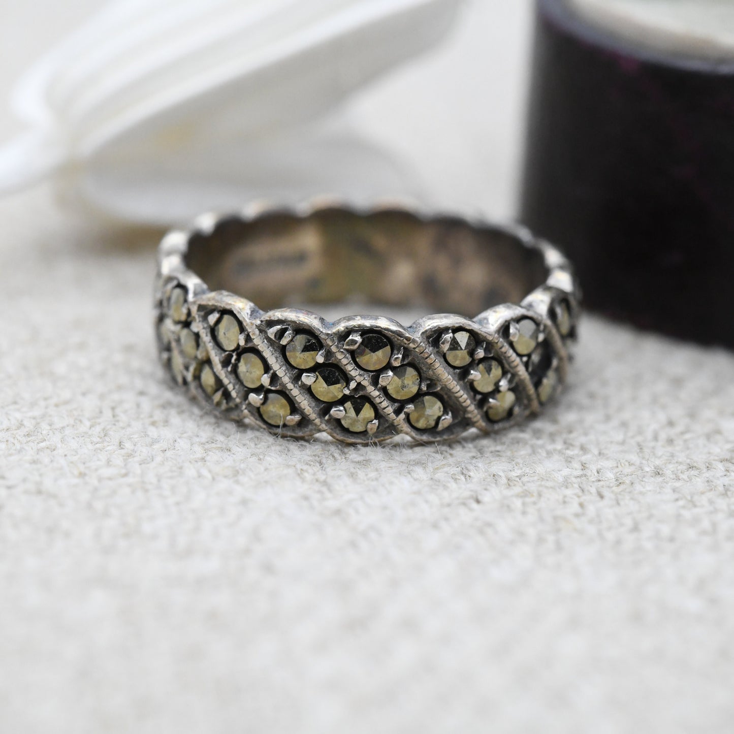 Vintage Sterling Silver Marcasite Ring with Full Eternity Bands of Stones