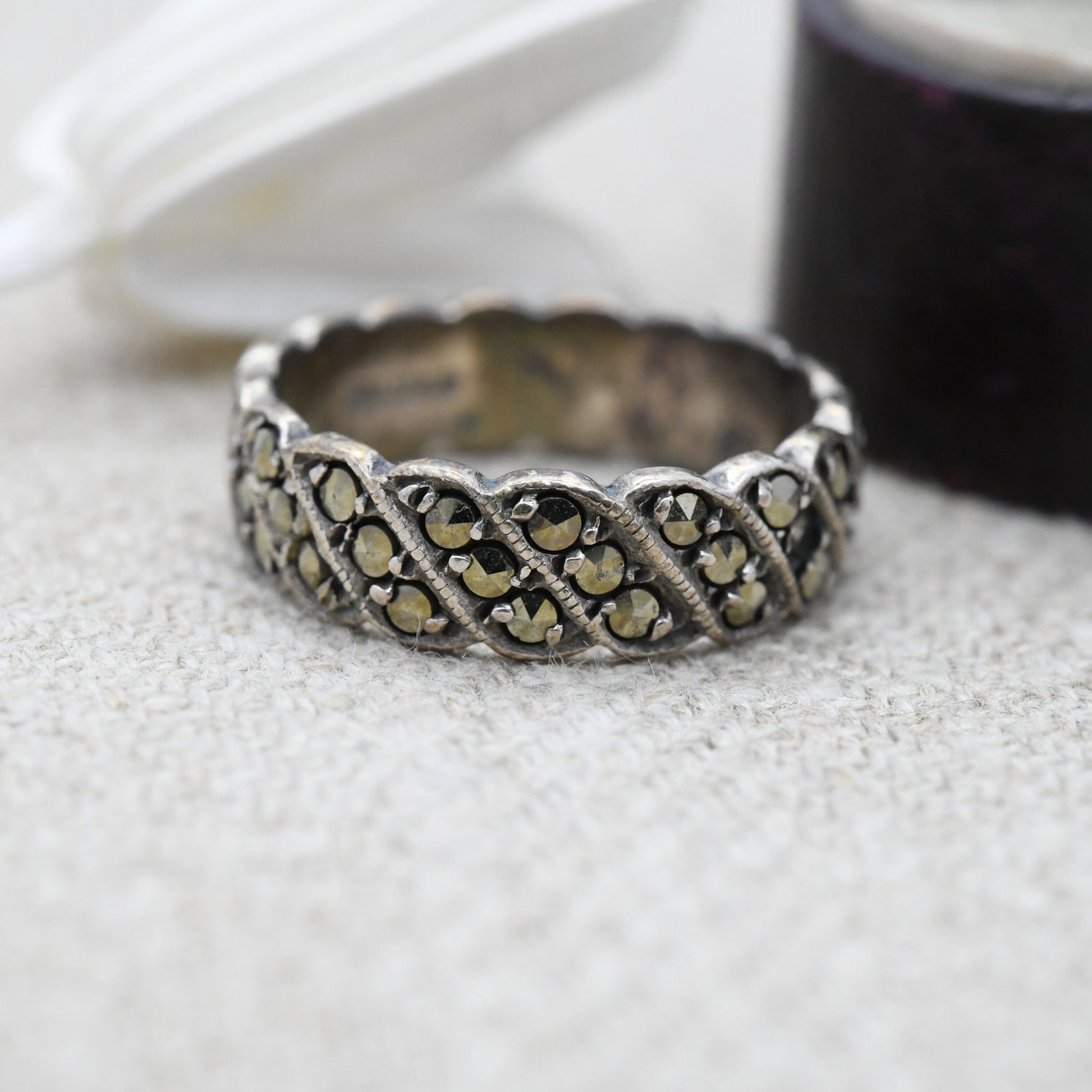 Vintage Sterling Silver Marcasite Ring with Full Eternity Bands of Stones