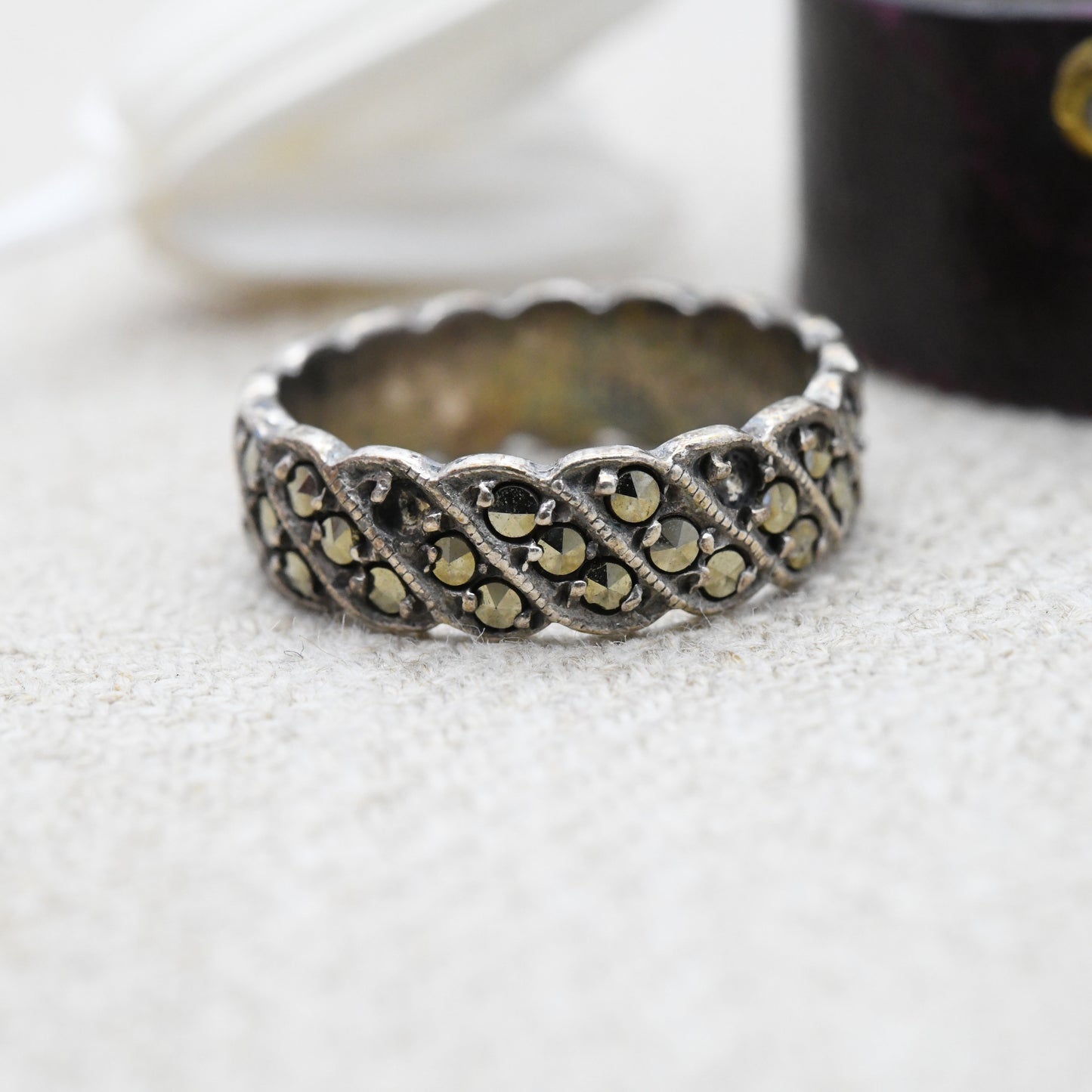 Vintage Sterling Silver Marcasite Ring with Full Eternity Bands of Stones