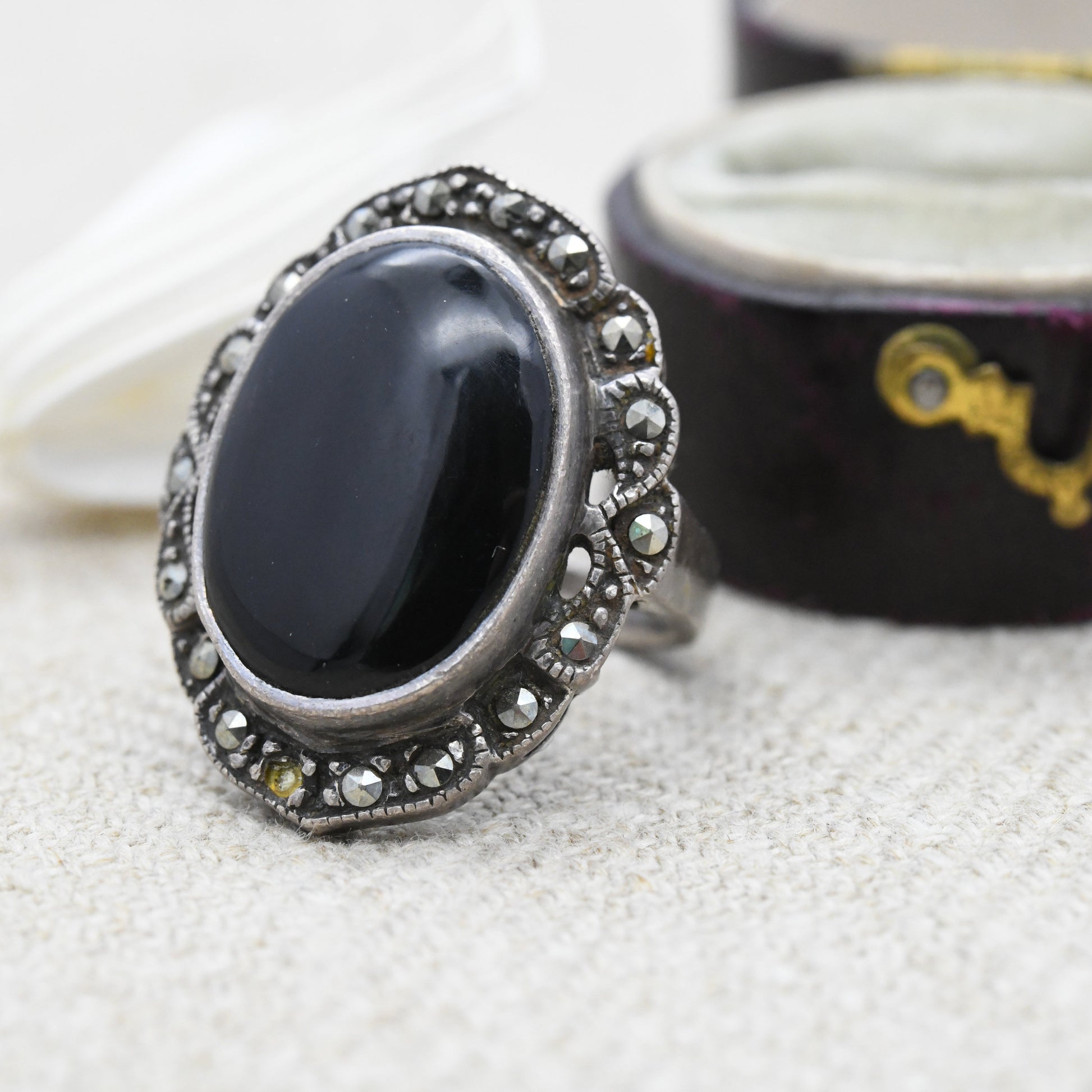 Vintage Sterling Silver Onyx and Marcasite Ring - Statement Cocktail Ring | Black Oval | Art Deco Style | UK Size - I 1/2 | US Size - 4 1/2