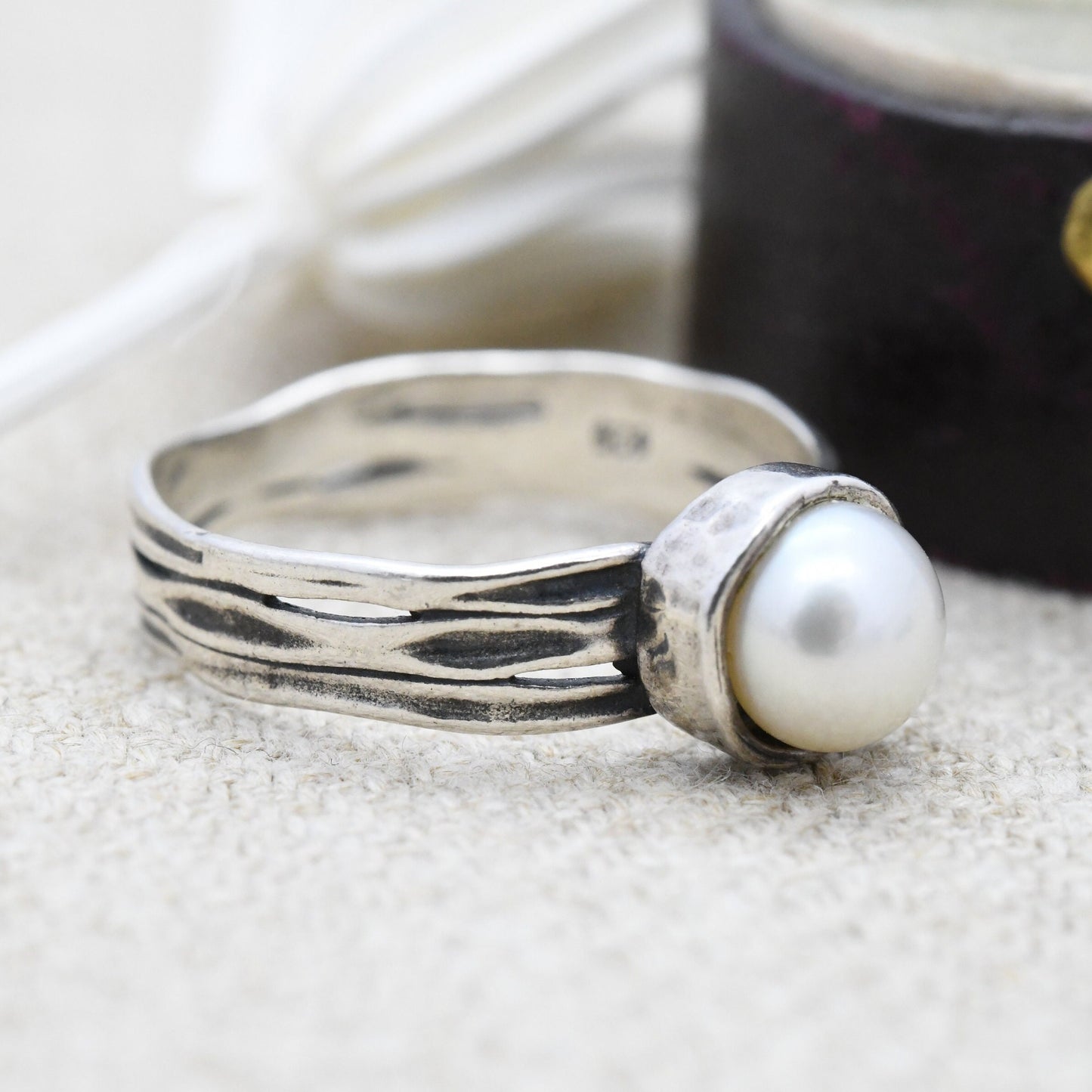 Vintage Sterling Silver Pearl Ring with Textured Band - UK Size - O | US Size - 7