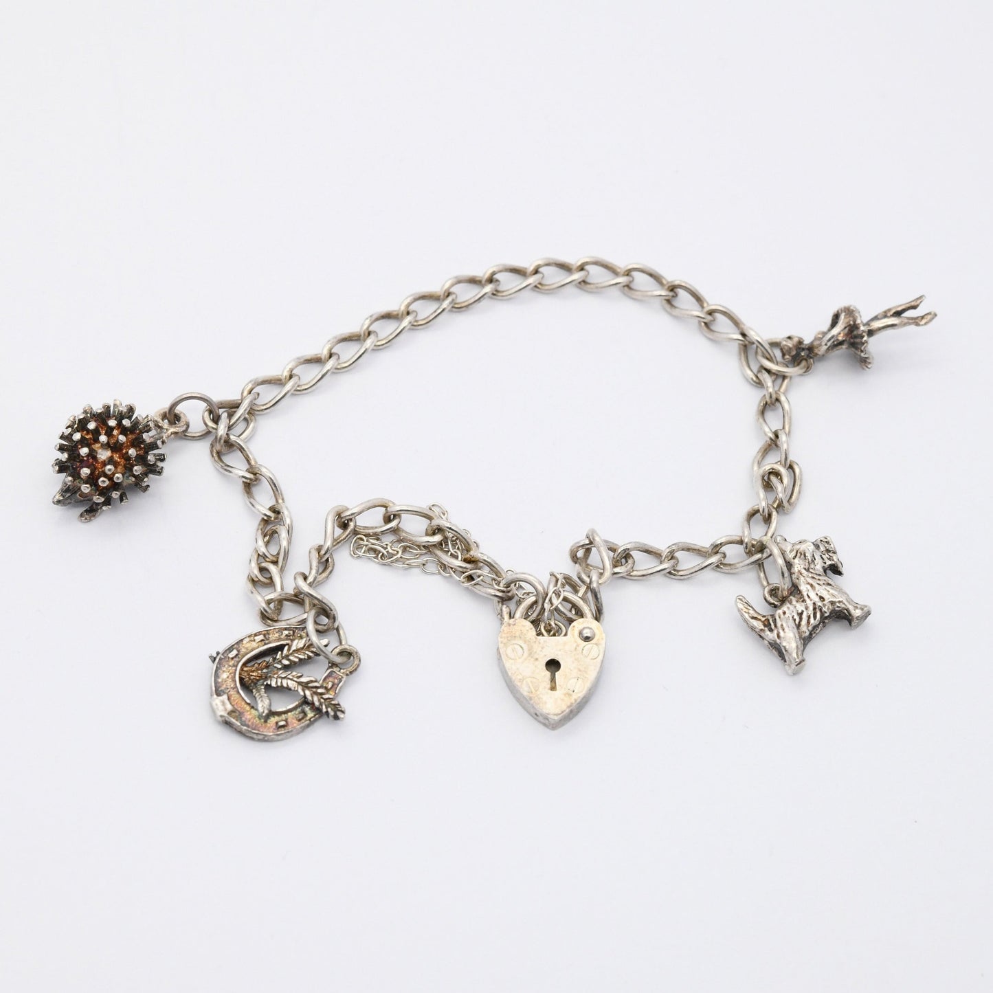 Vintage Sterling Silver Charm Bracelet with Heart Padlock Clasp 1988 - Curb Links with Safety Chain | Starter Charm Set Yorkie Dog Ballerina