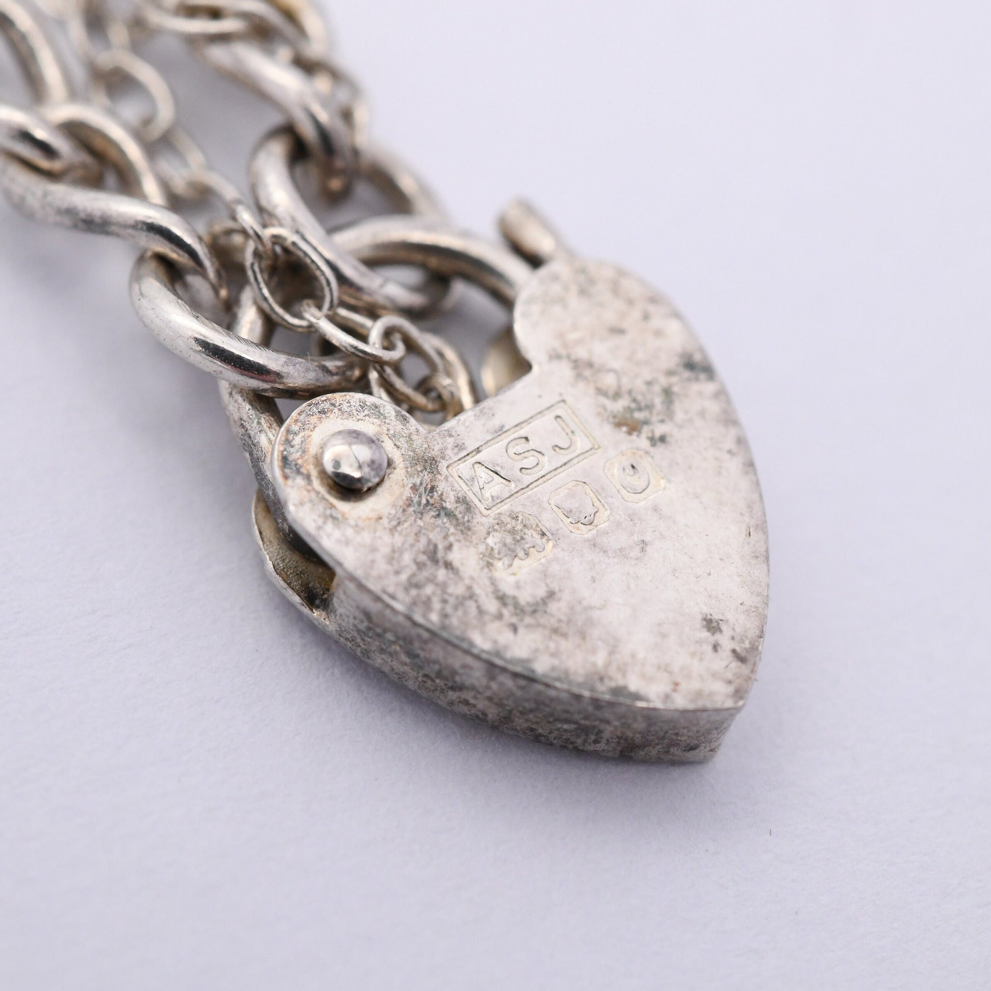 Vintage Sterling Silver Charm Bracelet with Heart Padlock Clasp 1988 - Curb Links with Safety Chain | Starter Charm Set Yorkie Dog Ballerina