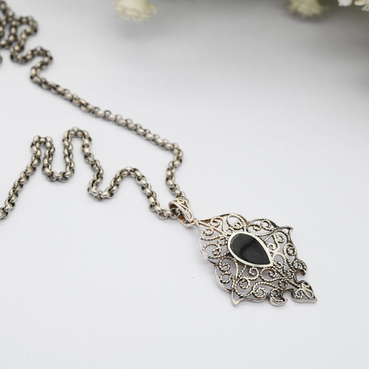 Vintage Sterling Silver Onyx Pendant Necklace - Ornate Openwork Filigree Design