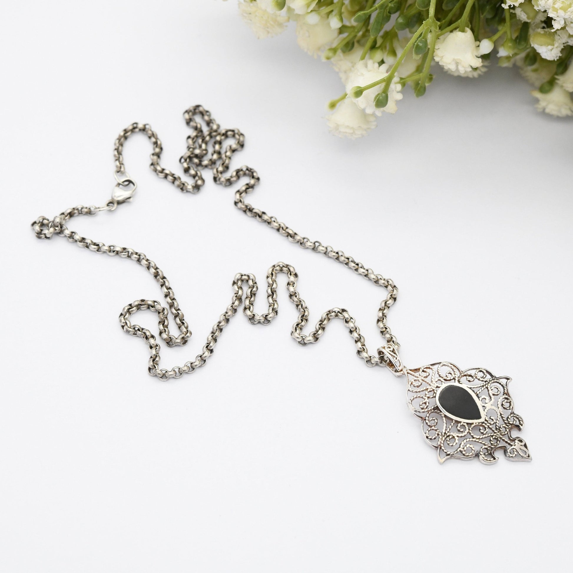 Vintage Sterling Silver Onyx Pendant Necklace - Ornate Openwork Filigree Design