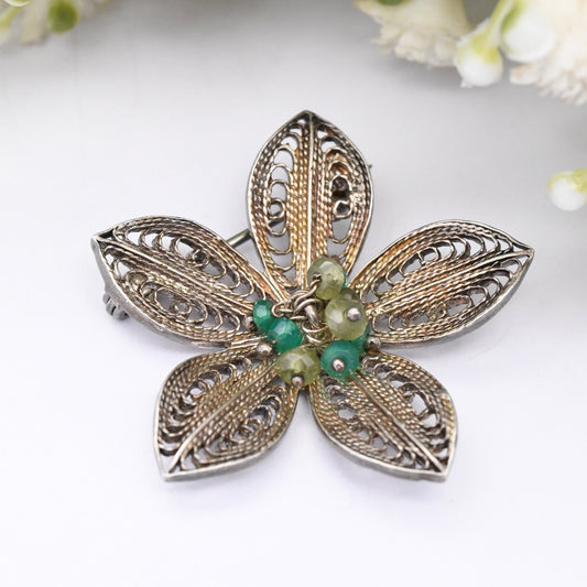 Vintage Sterling Silver Filigree Flower Green Gemstone Brooch