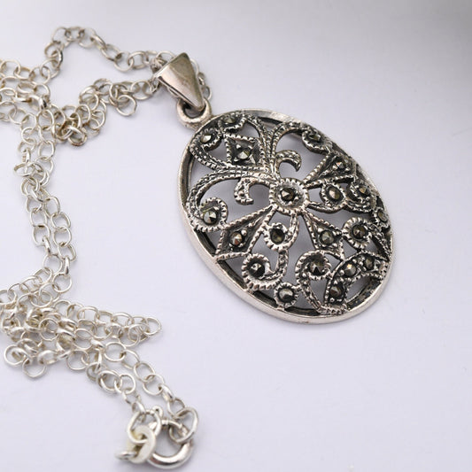 Vintage Sterling Silver Marcasite Pendant Necklace - Ornate Antique Style | On a Sterling Silver Chain