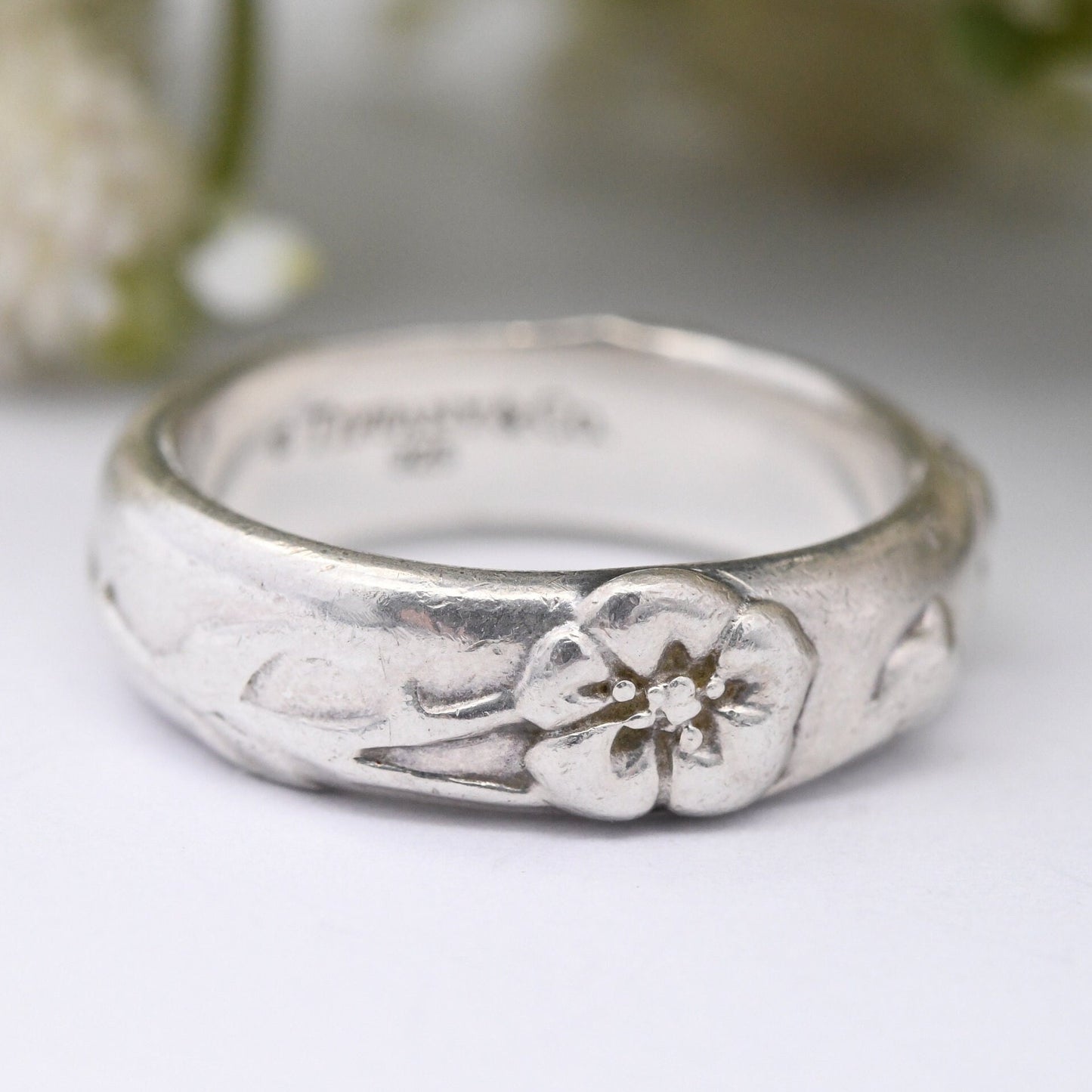 Tiffany & Co Sterling Silver Flower Ring - Designer Floral Form Band Ring | Everyday Silver | Nature Lover | UK Size - M | US Size - 6 1/4