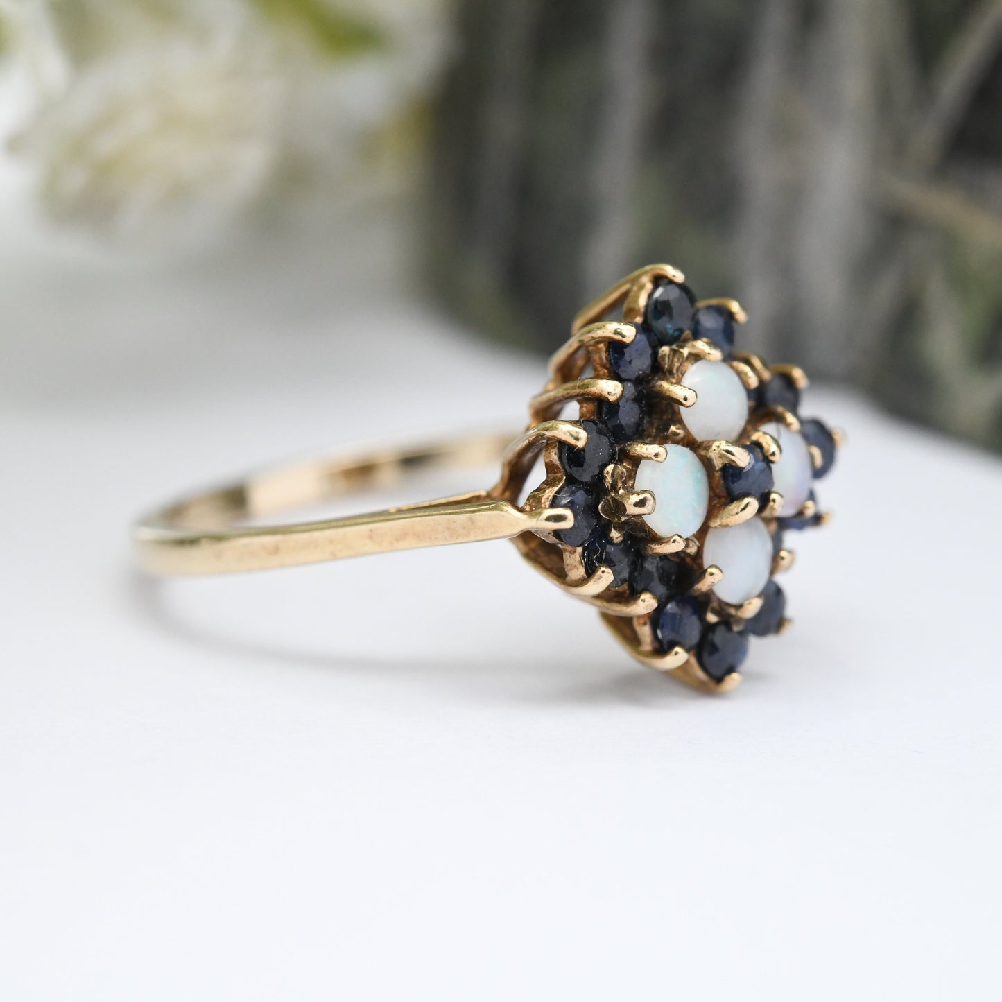 Vintage 9ct Gold Opal Sapphire Ring 1979 - Mid-Century Statement Cocktail Ring | UK Size - P | US Size - 7 1/2