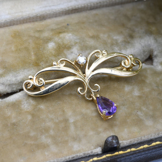 Vintage 9ct Gold Diamond and Amethyst Drop Brooch - Ornate Edwardian Style