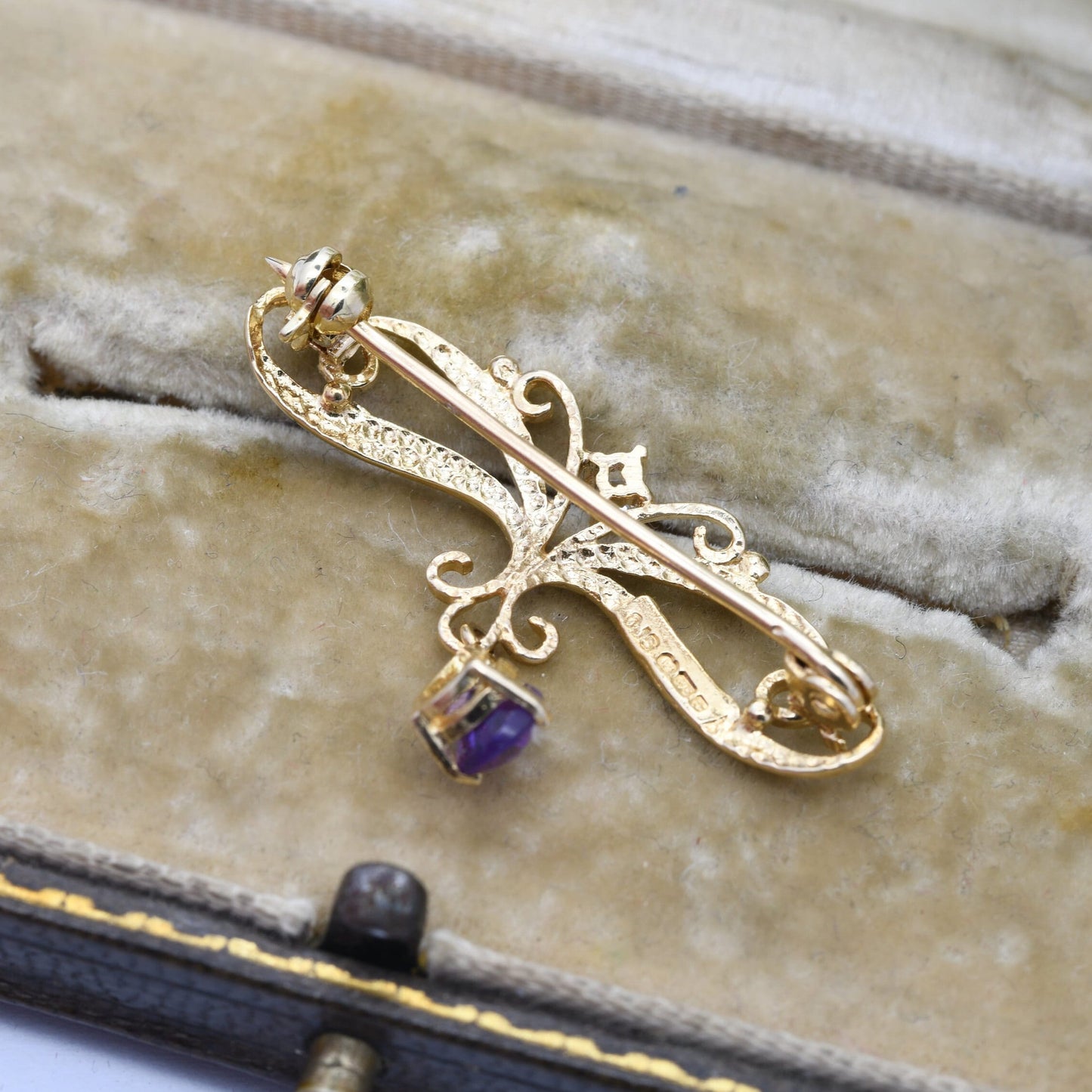 Vintage 9ct Gold Diamond and Amethyst Drop Brooch - Ornate Edwardian Style