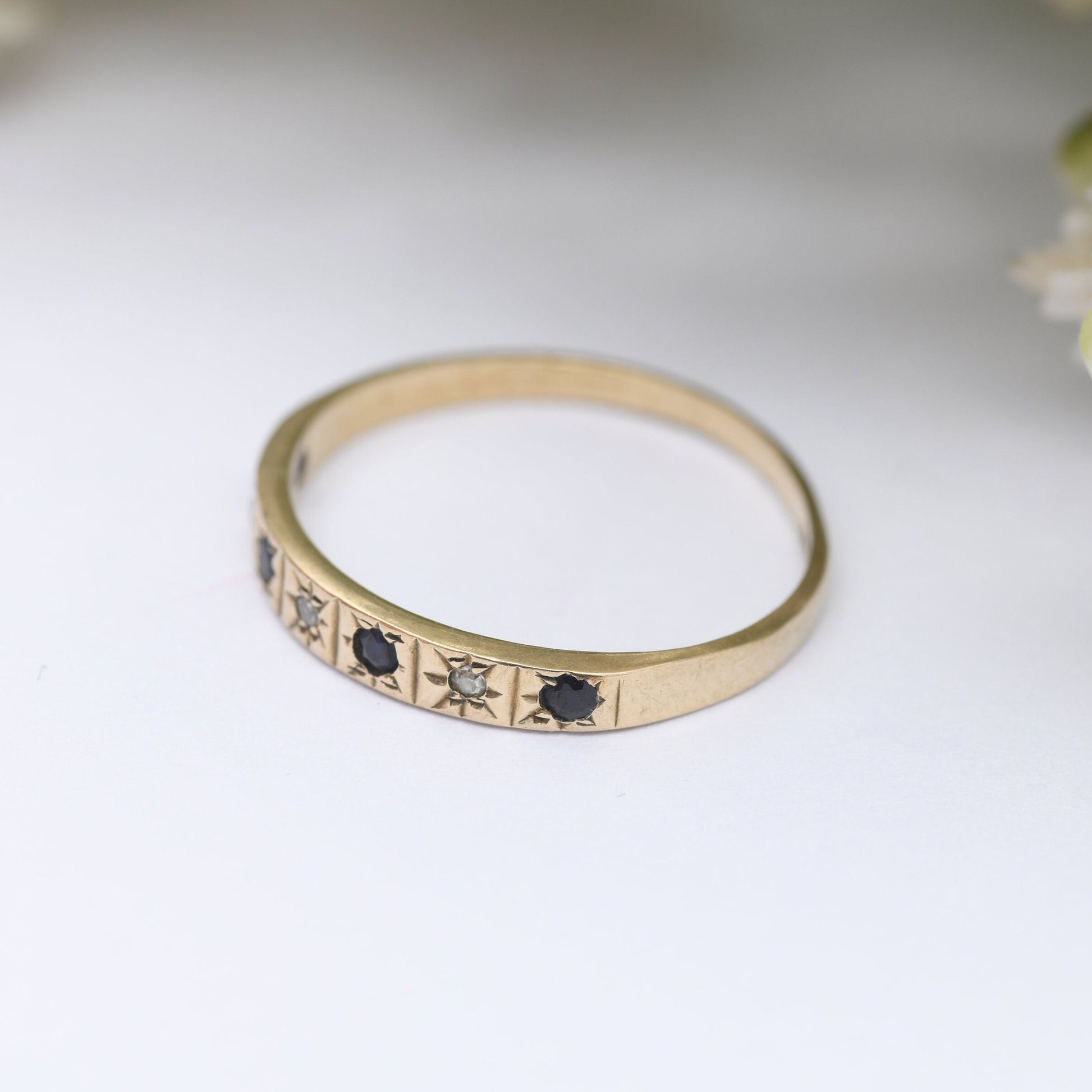 Vintage 9ct Gold Sapphire and Diamond Half Eternity Ring 1990 - with Star Set Gemstones | UK Size - L | US Size - 5 3/4