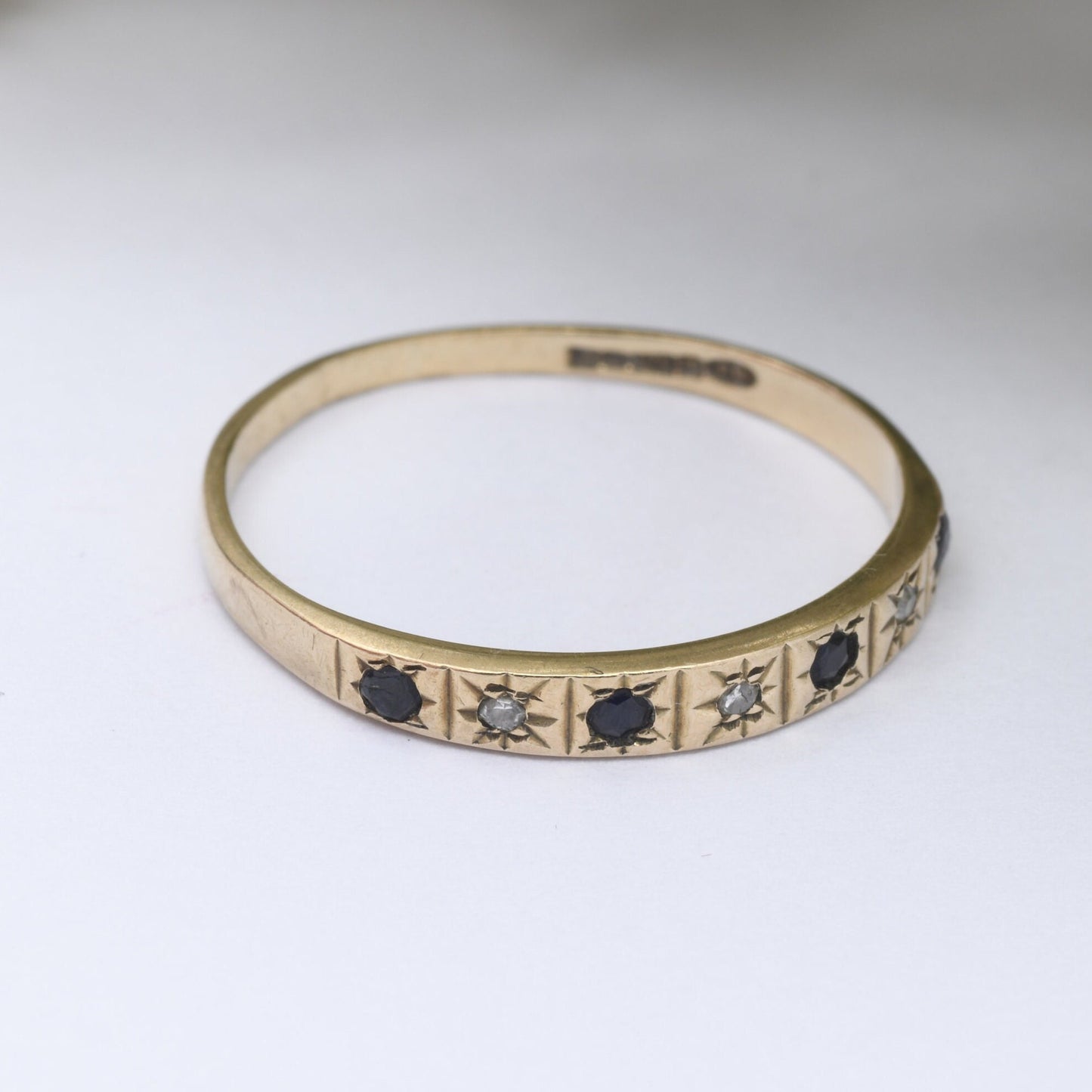 Vintage 9ct Gold Sapphire and Diamond Half Eternity Ring 1990 - with Star Set Gemstones | UK Size - L | US Size - 5 3/4