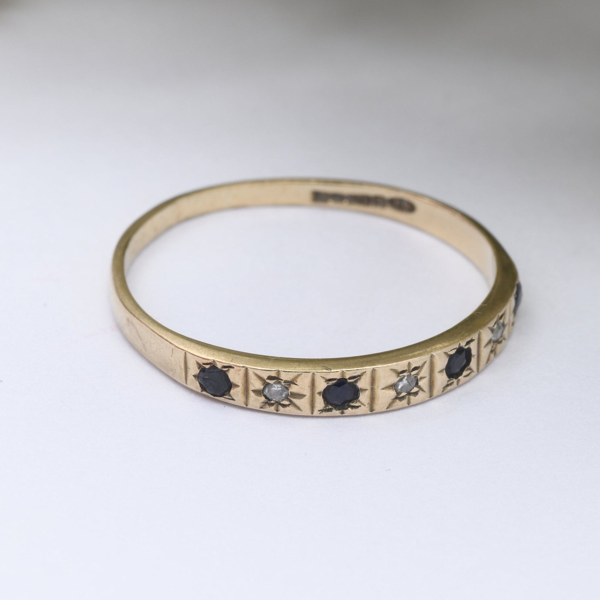 Vintage 9ct Gold Sapphire and Diamond Half Eternity Ring 1990 - with Star Set Gemstones | UK Size - L | US Size - 5 3/4