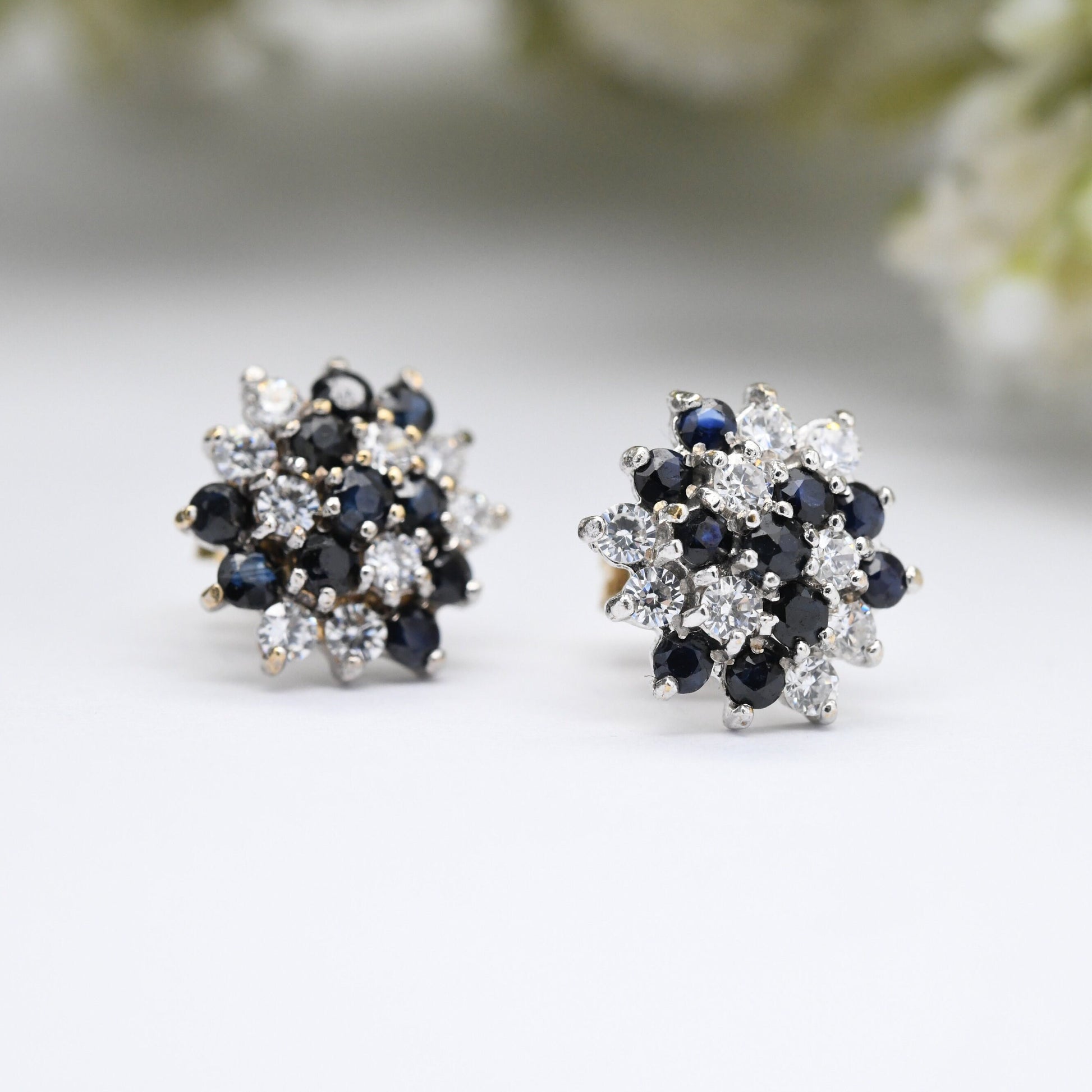 Vintage 9ct Gold Sapphire and CZ Stud Earrings - Star Shape | Butterfly Backs