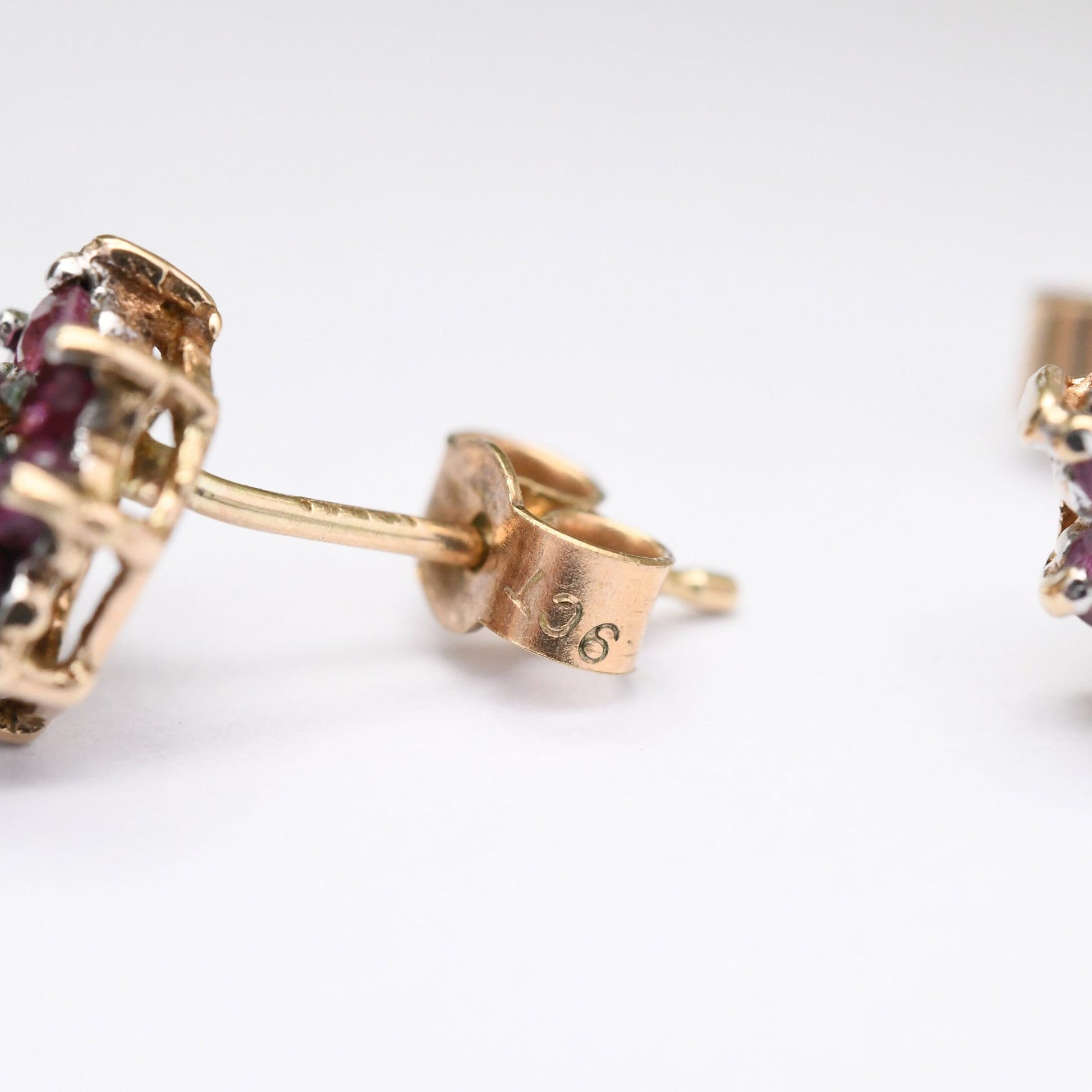 Vintage 9ct Gold Ruby Diamond Cluster Earrings 1986 - Flower Studs | July Birthstone Gift | Butterfly Back | Solid Gold