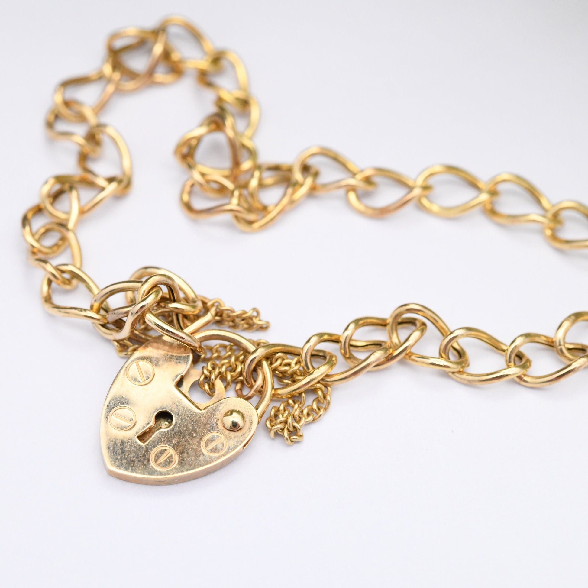 Vintage 9ct Gold Heart Padlock Clasp Curb Link Chain Bracelet with Safety Chain - Empty Charm Bracelet