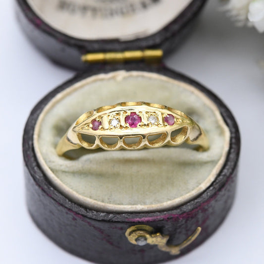 Vintage 18ct Gold Ruby and Diamond Boat Ring 1980 - Pretty Five Stone Ring | Large Size UK Size - U | US Size - 10