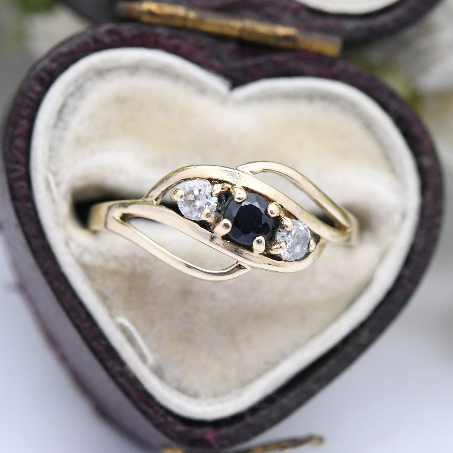 Vintage 9ct Gold Sapphire and and Clear Stone Ring - Pretty Engagement Ring | UK Size - L 1/2 | US Size - 6