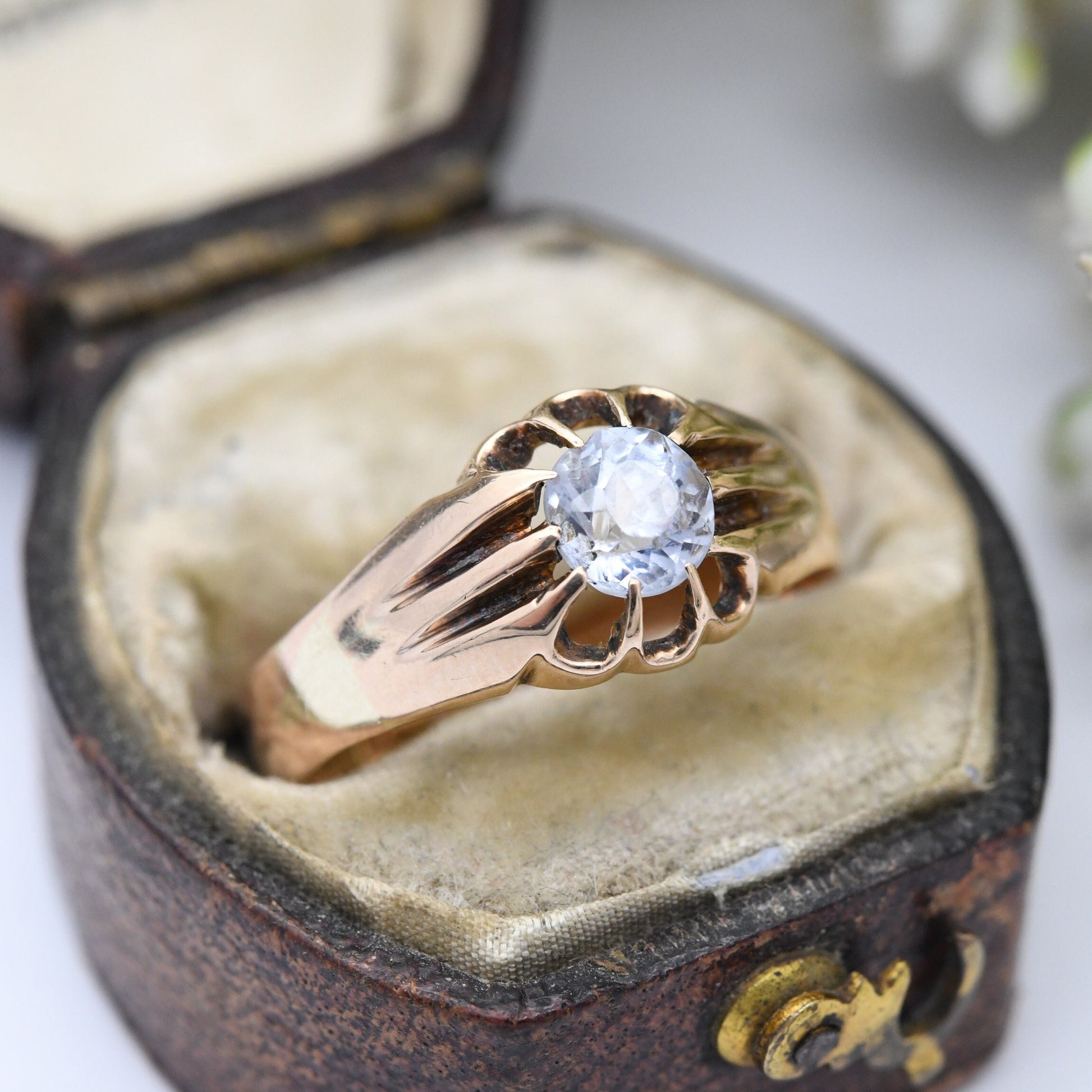 Antique Victorian 9ct Gold Solitaire Ring with Clear Paste Stone 1896 - Fancy Prong Setting | Large Stone | UK Size - P | US Size - 7 3/4