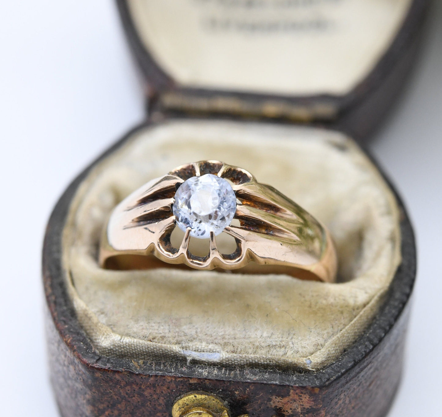 Antique Victorian 9ct Gold Solitaire Ring with Clear Paste Stone 1896 - Fancy Prong Setting | Large Stone | UK Size - P | US Size - 7 3/4