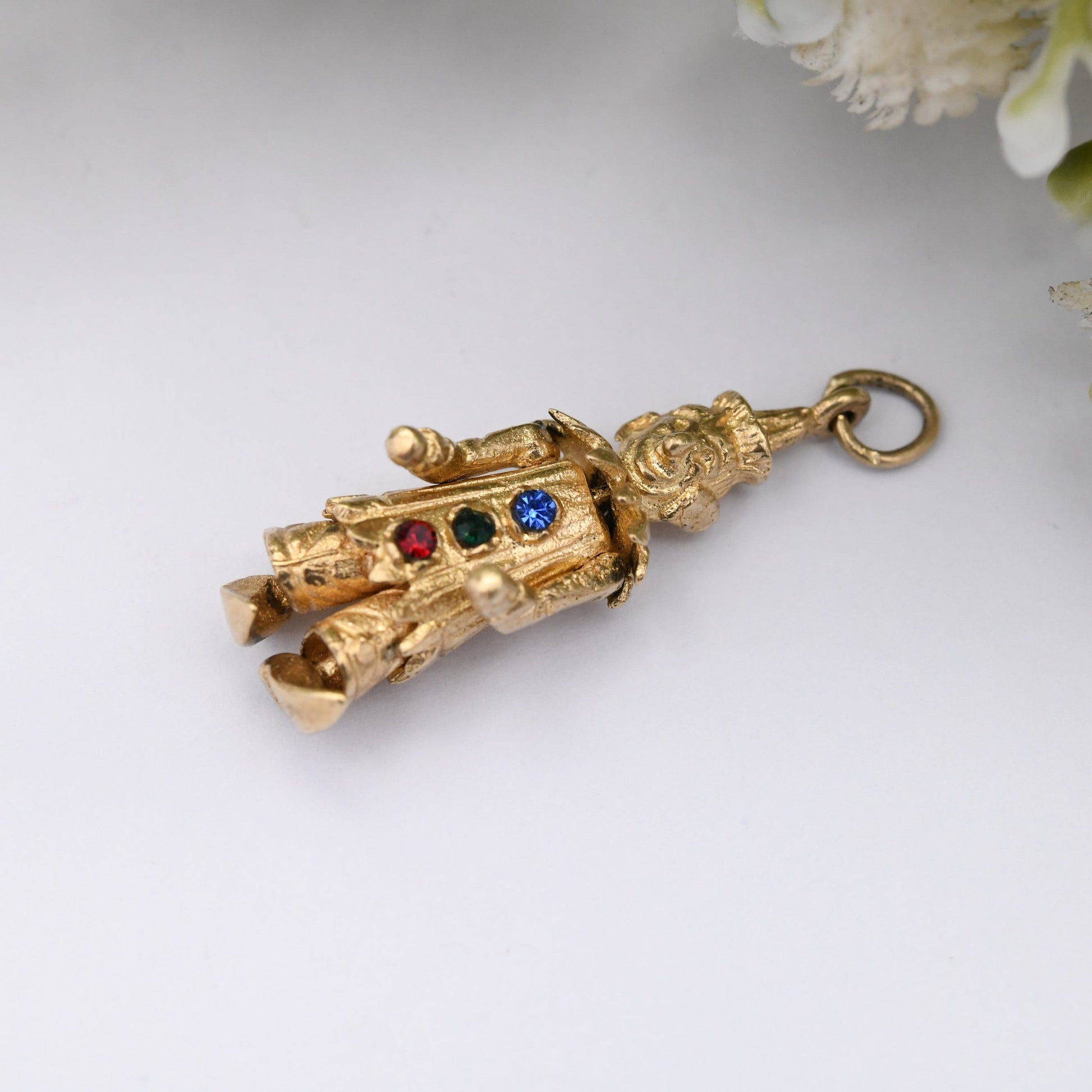 Vintage 9ct Gold Clown Charm Pendant 1971 - Articulated Clown | Moving Limbs | Colourful Crystal Buttons