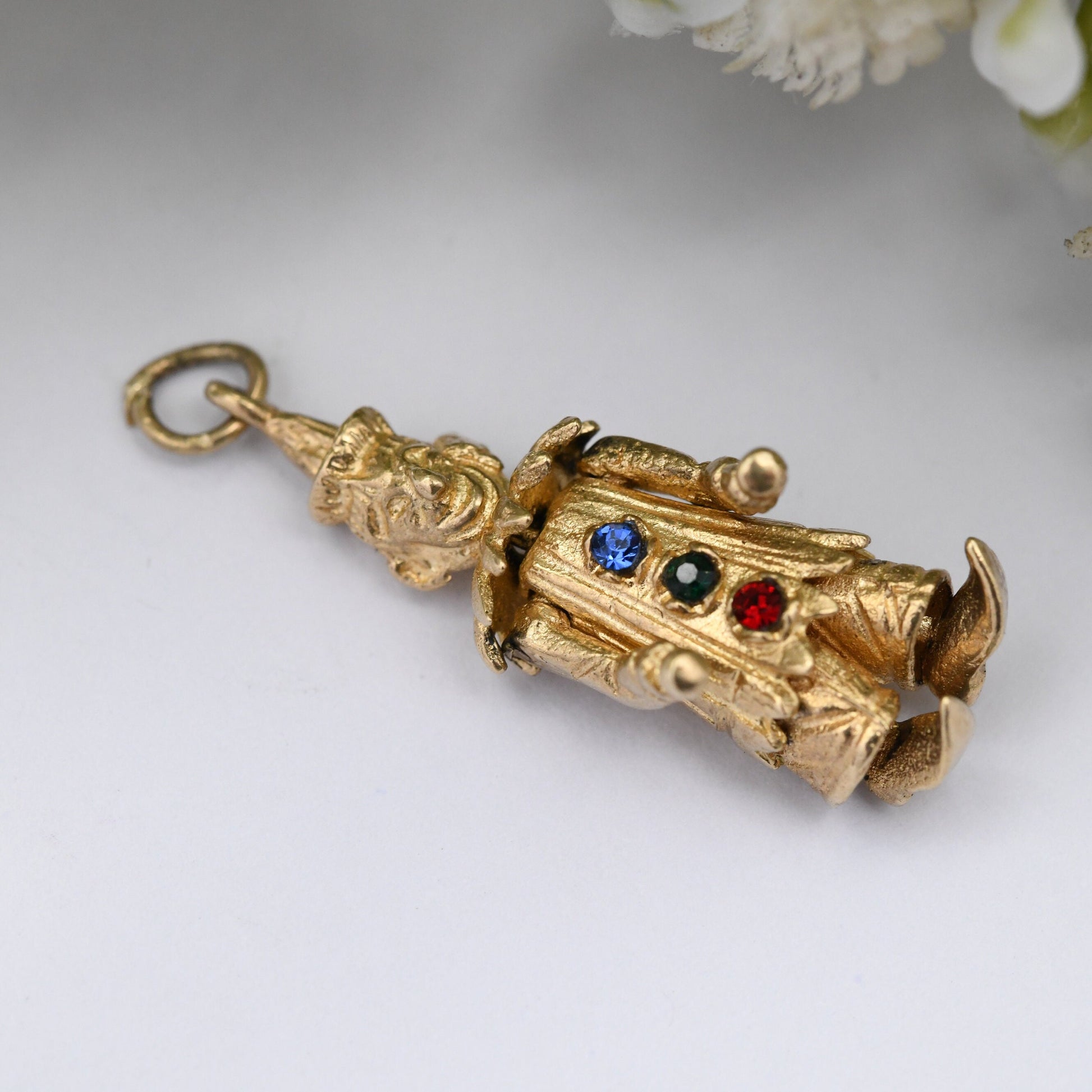 Vintage 9ct Gold Clown Charm Pendant 1971 - Articulated Clown | Moving Limbs | Colourful Crystal Buttons