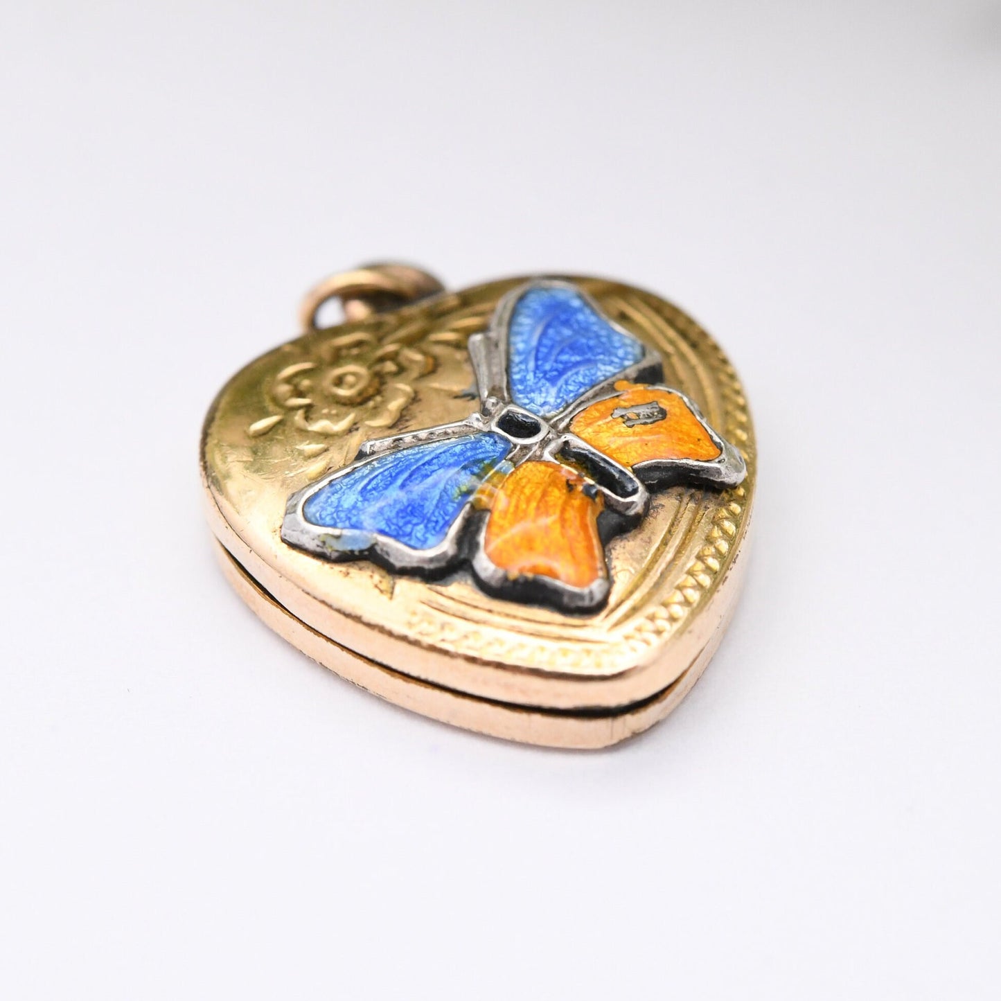 Vintage 10ct Gold Heart Locket Pendant with Enamel Butterfly Design - Photo Frame Keepsake Charm Pendant | Blue and Orange