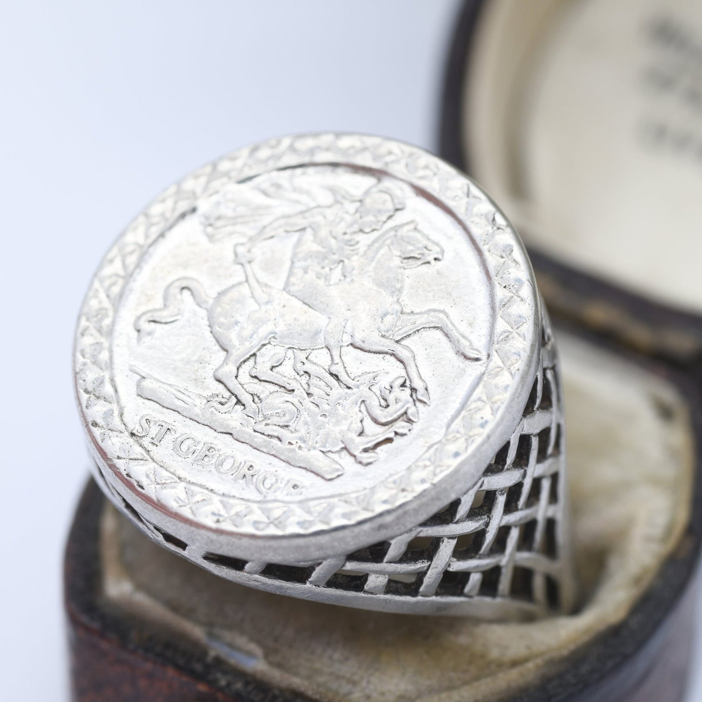 Vintage Sterling Silver Saint George and the Dragon Signet Ring 1949 - Chunky English Coin Jewellery | Large Size UK Size - W | US Size - 11