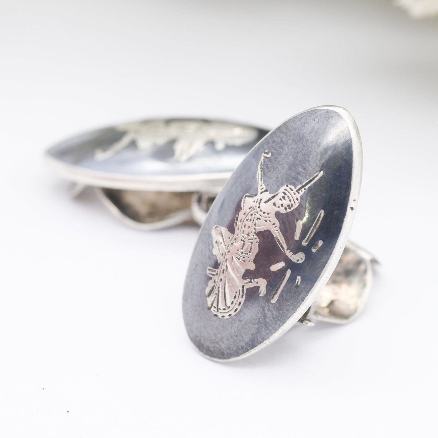 Vintage Siam Sterling Silver Clip On Earrings - Siam Black Niello | Mekhala Goddess of Lightning Design