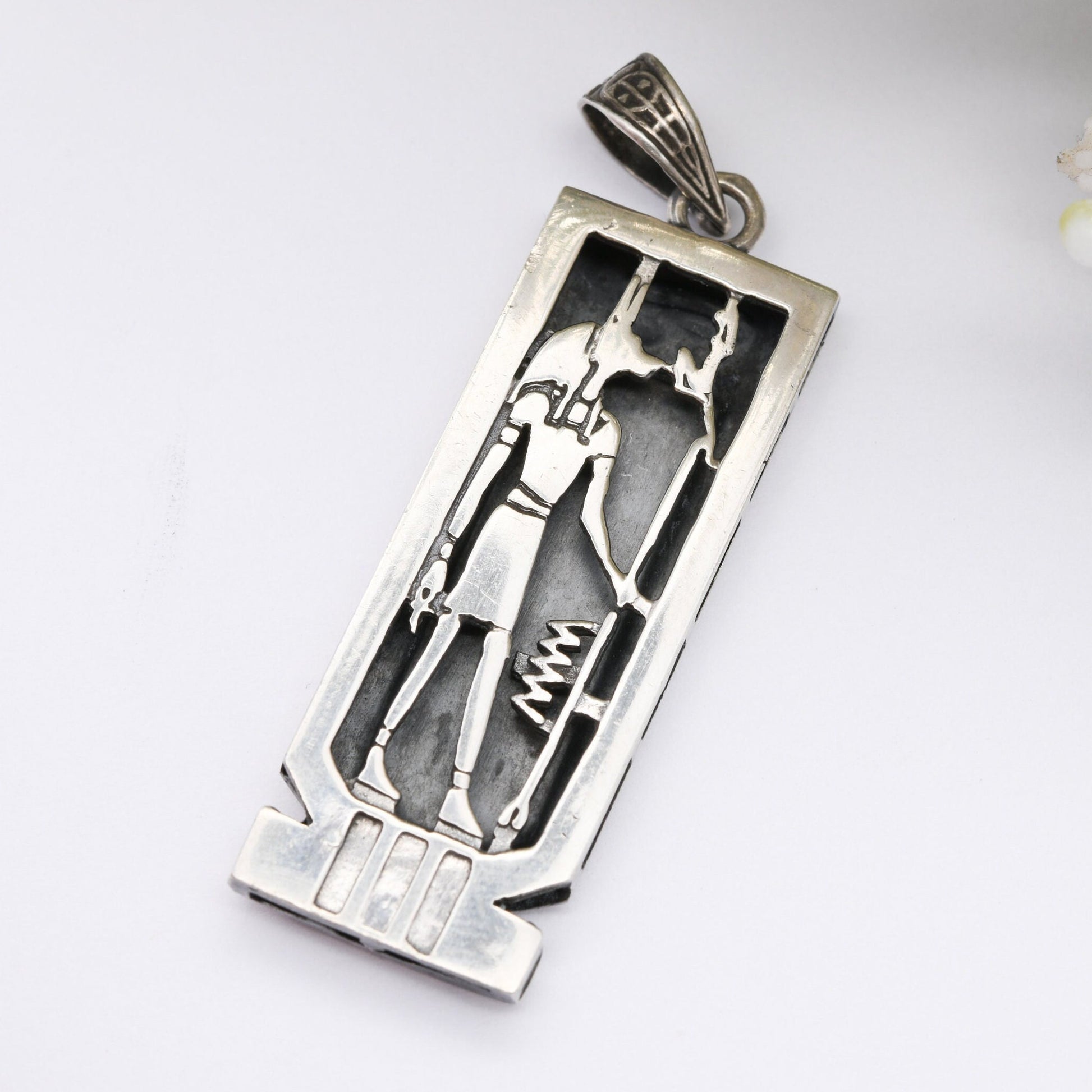 Vintage Egyptian Silver Cartouche Pendant with Rose Gold Hieroglyphs and Anubis - Ancient Hieroglyphic Symbols | Name Phil