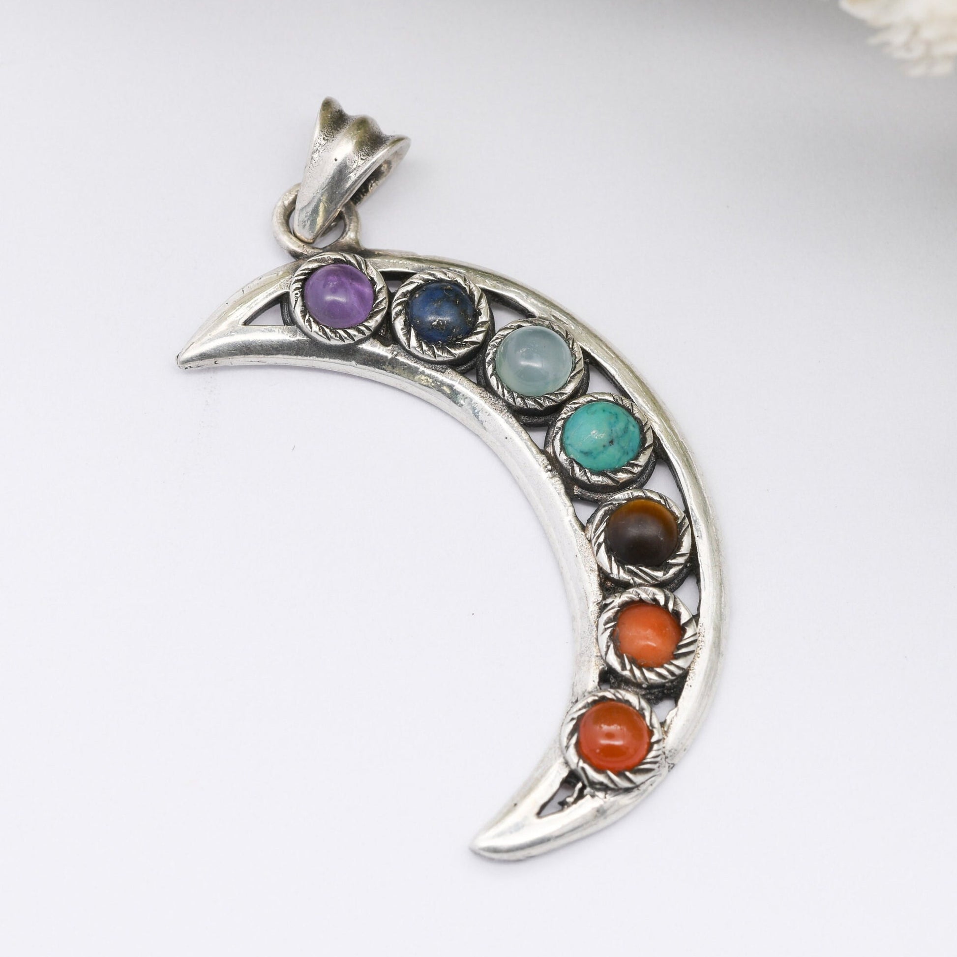 Sterling Silver 7 Chakras Crescent Moon Pendant with Gemstones - Amethyst Lapis Moonstone Turquoise Tigers Eye Coral Carnelian