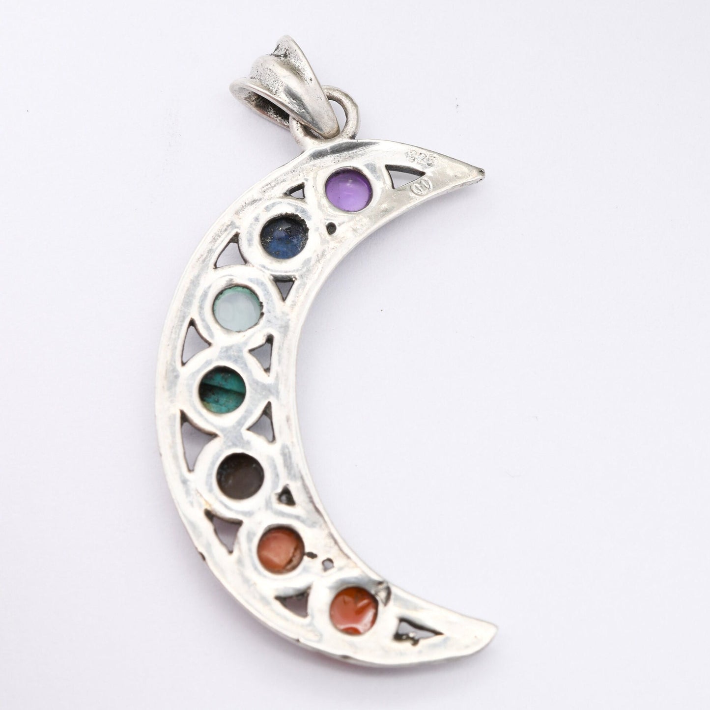 Sterling Silver 7 Chakras Crescent Moon Pendant with Gemstones - Amethyst Lapis Moonstone Turquoise Tigers Eye Coral Carnelian