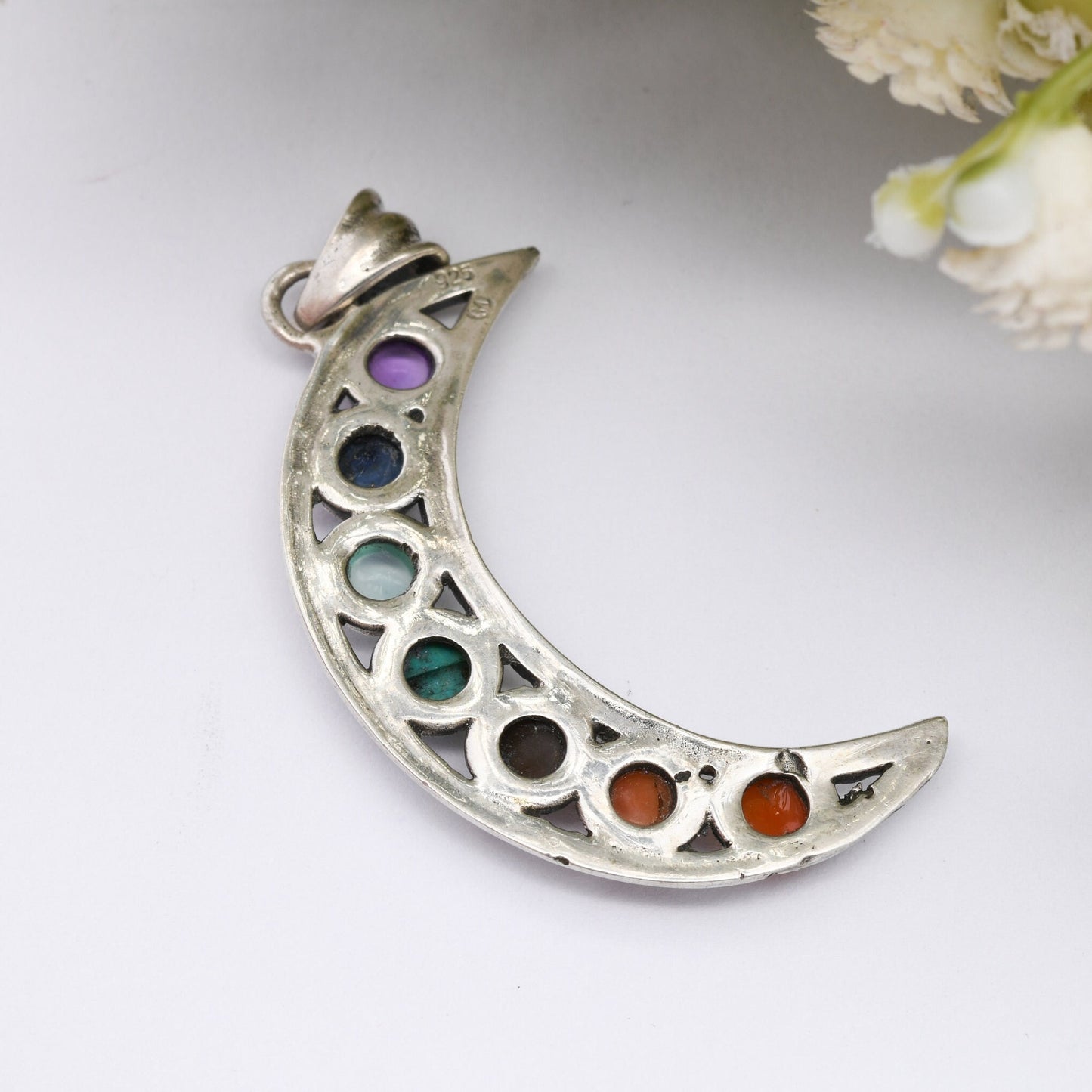 Sterling Silver 7 Chakras Crescent Moon Pendant with Gemstones - Amethyst Lapis Moonstone Turquoise Tigers Eye Coral Carnelian