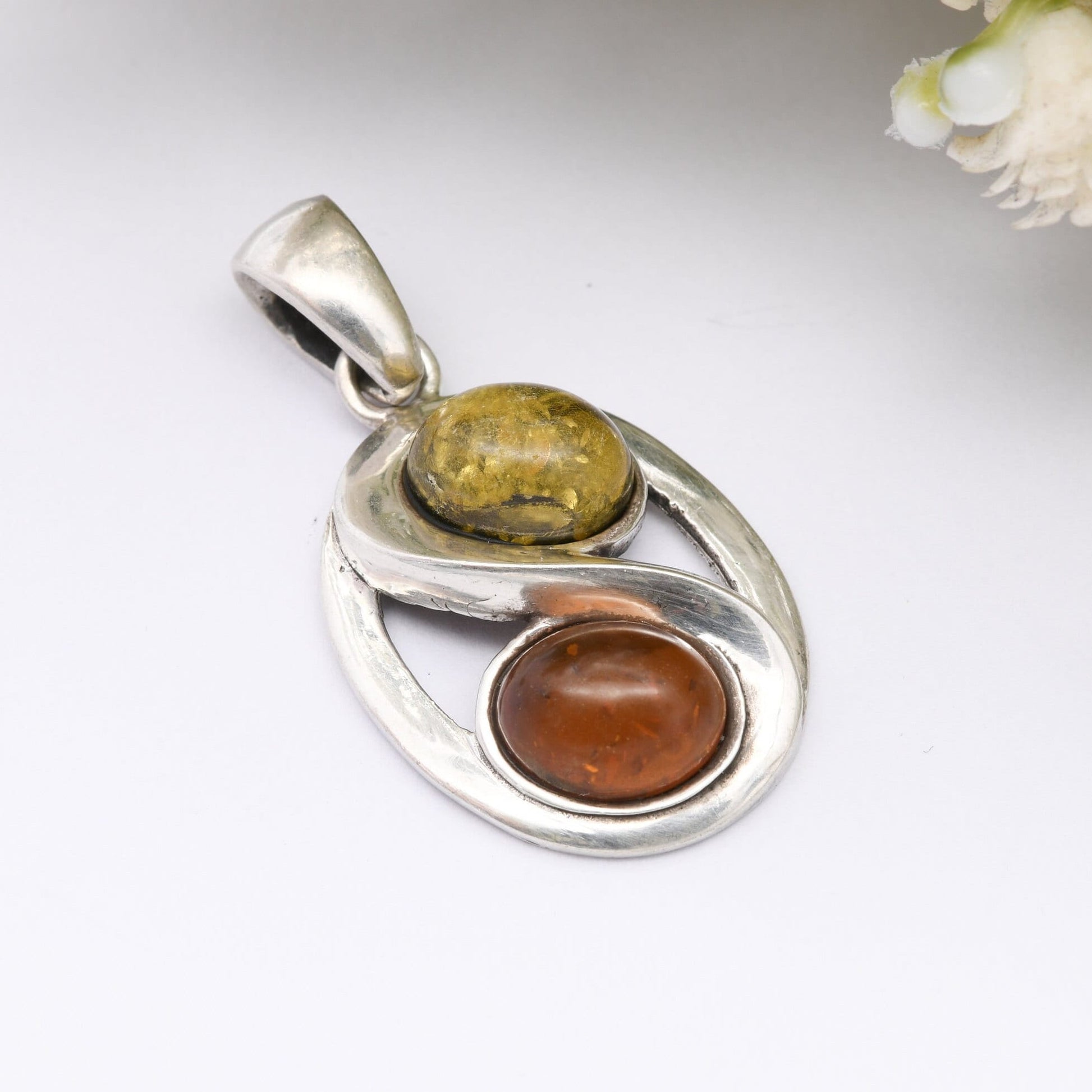 Vintage Sterling Silver Amber Pendant - Baltic Amber and Copal | Two Tone | Modernist Statement Jewellery