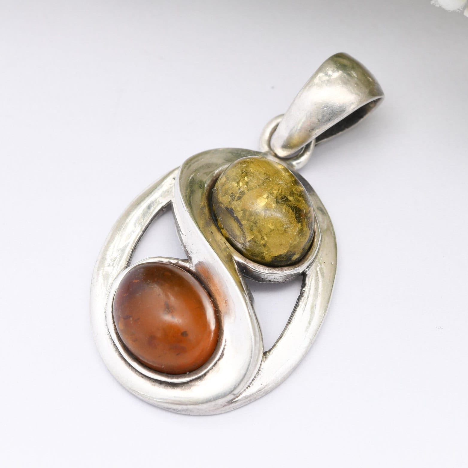 Vintage Sterling Silver Amber Pendant - Baltic Amber and Copal | Two Tone | Modernist Statement Jewellery