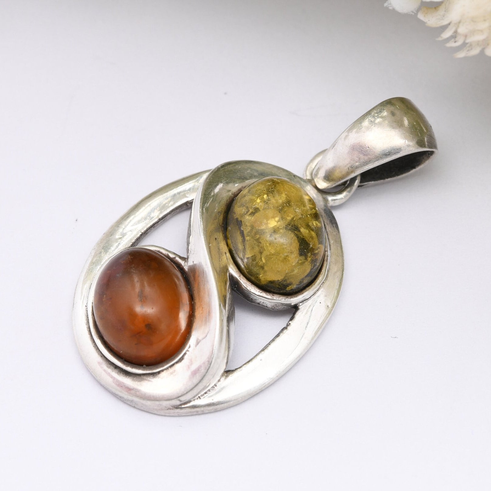 Vintage Sterling Silver Amber Pendant - Baltic Amber and Copal | Two Tone | Modernist Statement Jewellery