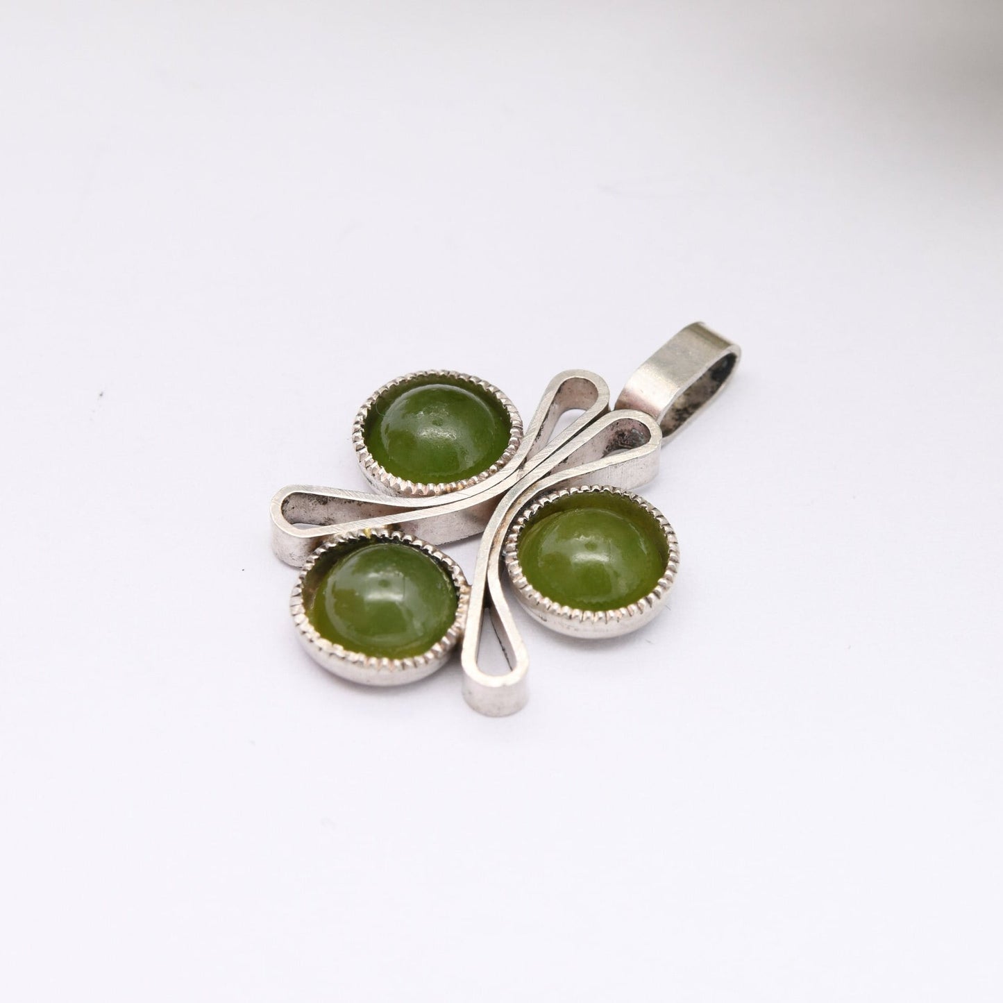 Vintage Silver Jade Pendant - Three Leaf Clover Shape | Green Stone Mid-Century