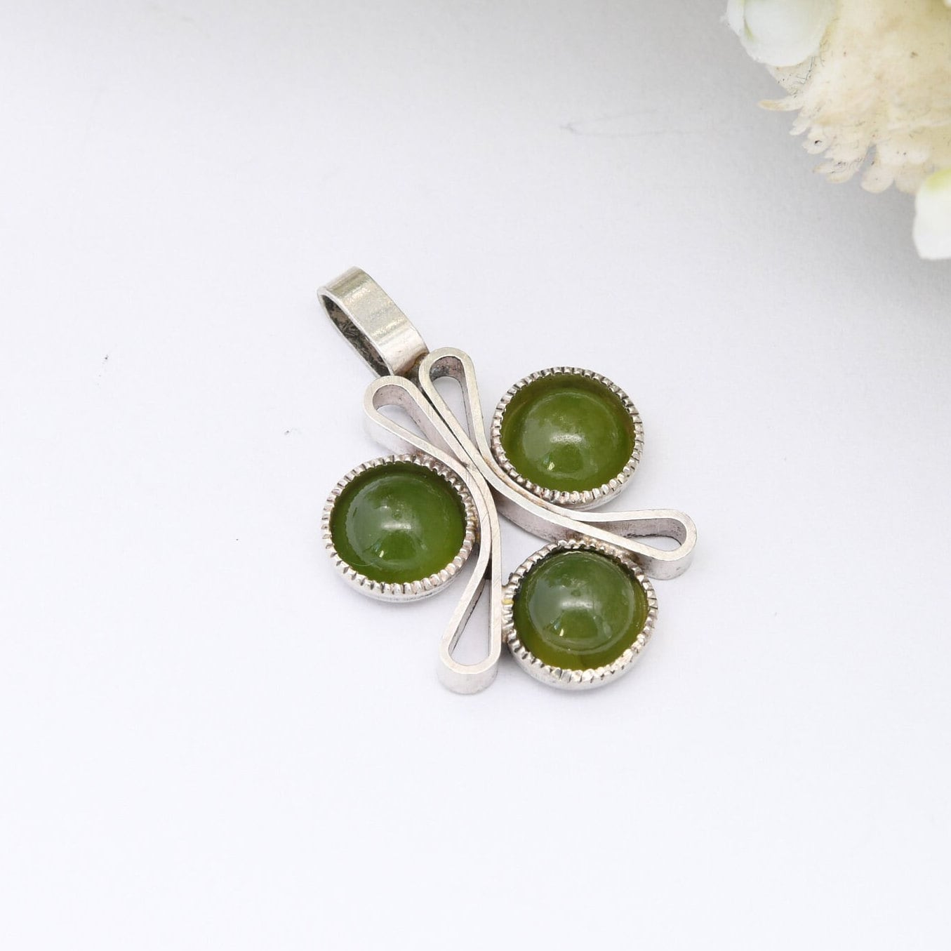 Vintage Silver Jade Pendant - Three Leaf Clover Shape | Green Stone Mid-Century