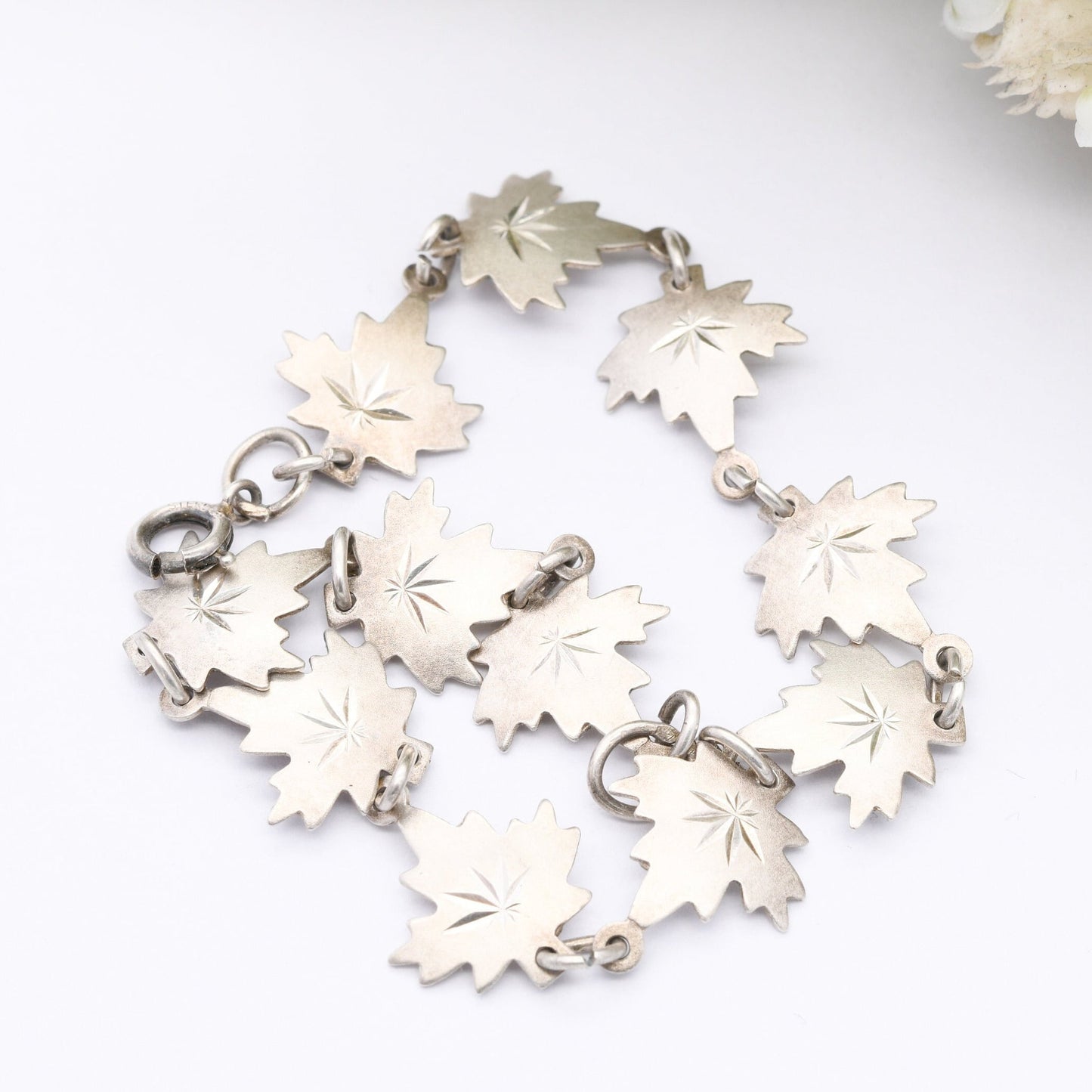 Vintage Sterling Silver Canadian Maple Leaf Panel Link Bracelet - Pretty Everyday Silver Jewellery