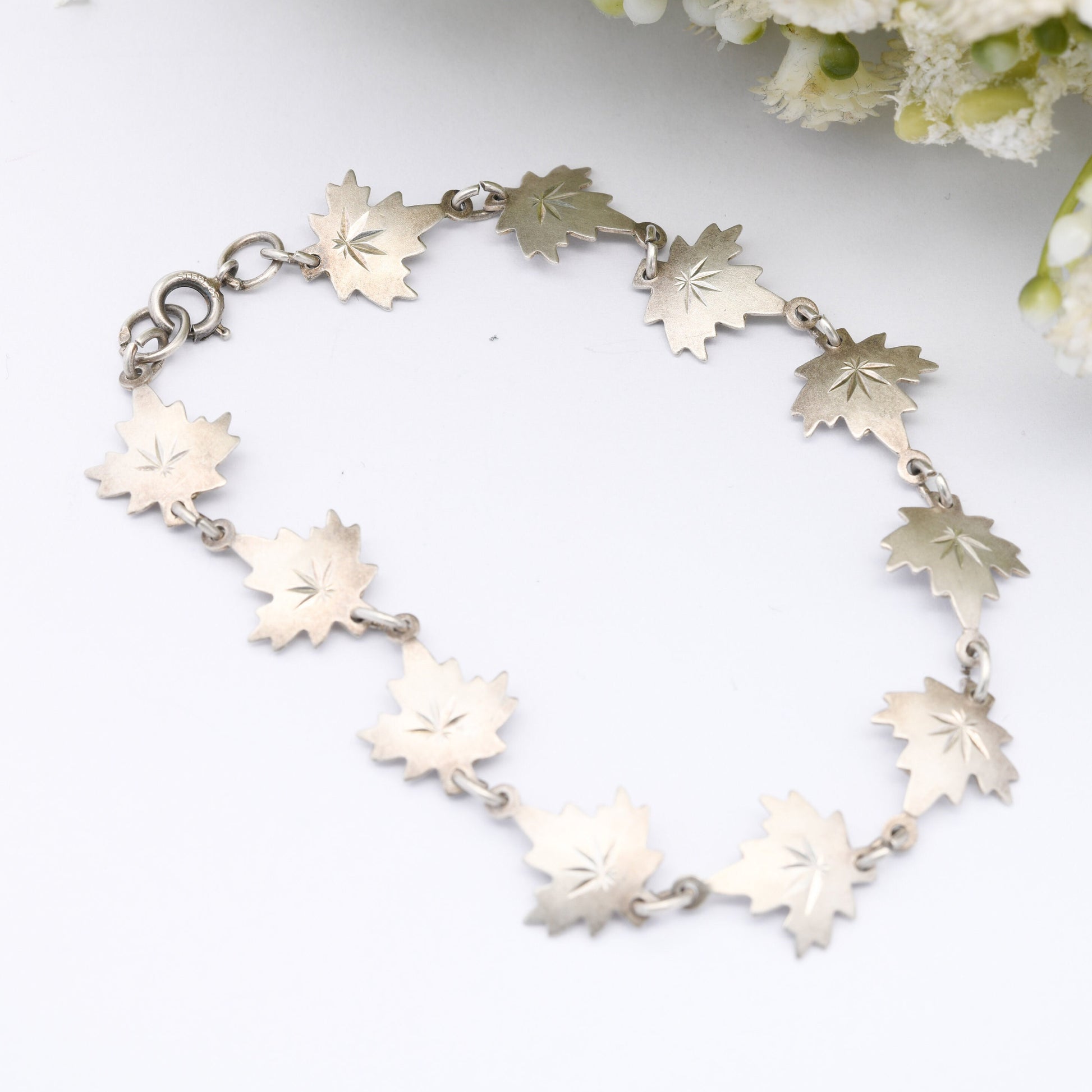 Vintage Sterling Silver Canadian Maple Leaf Panel Link Bracelet - Pretty Everyday Silver Jewellery