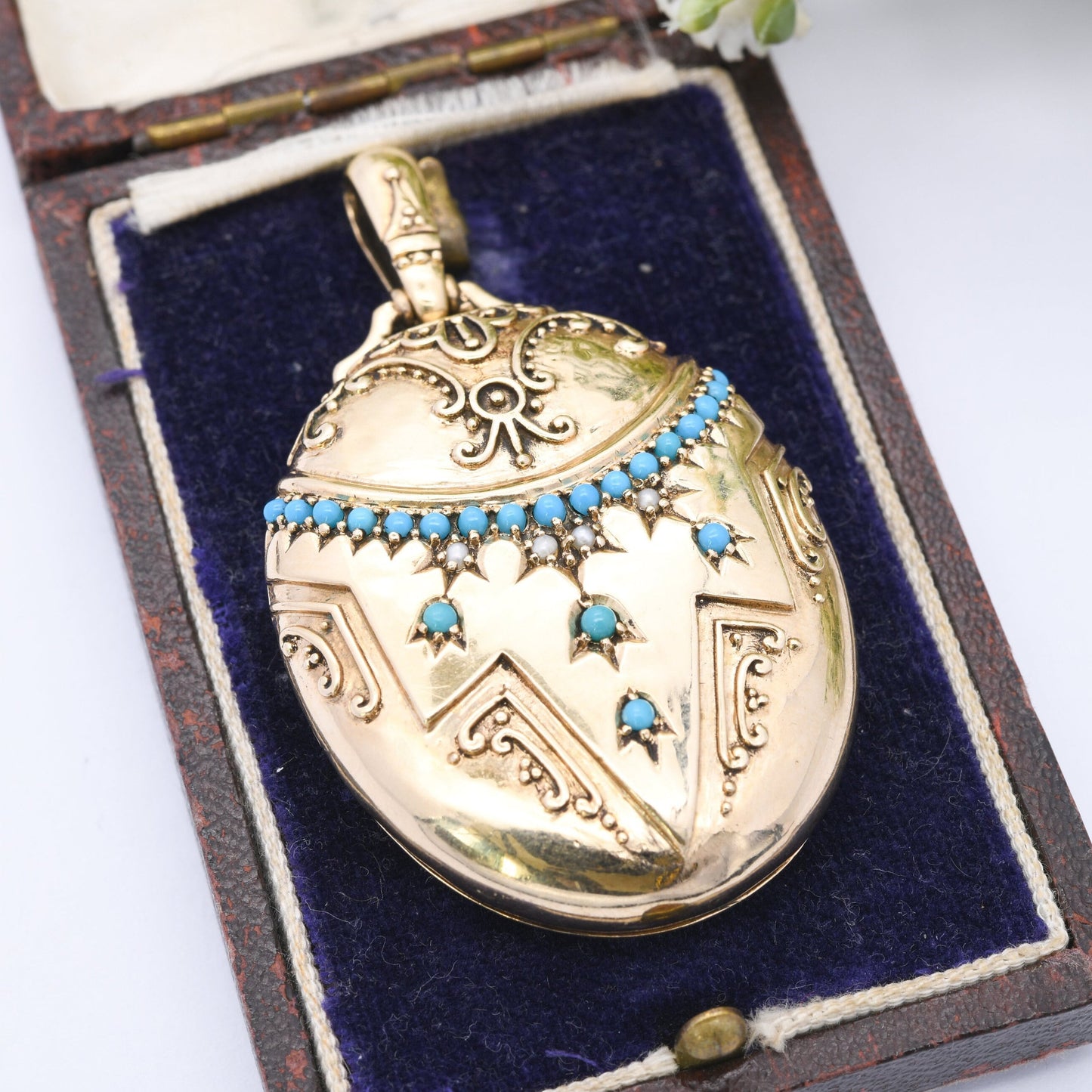 9ct Gold Locket Pendant with Peacock Engraving Turquoise and Pearl - Large Two Picture Locket | Antique Victorian Style | Blue and White